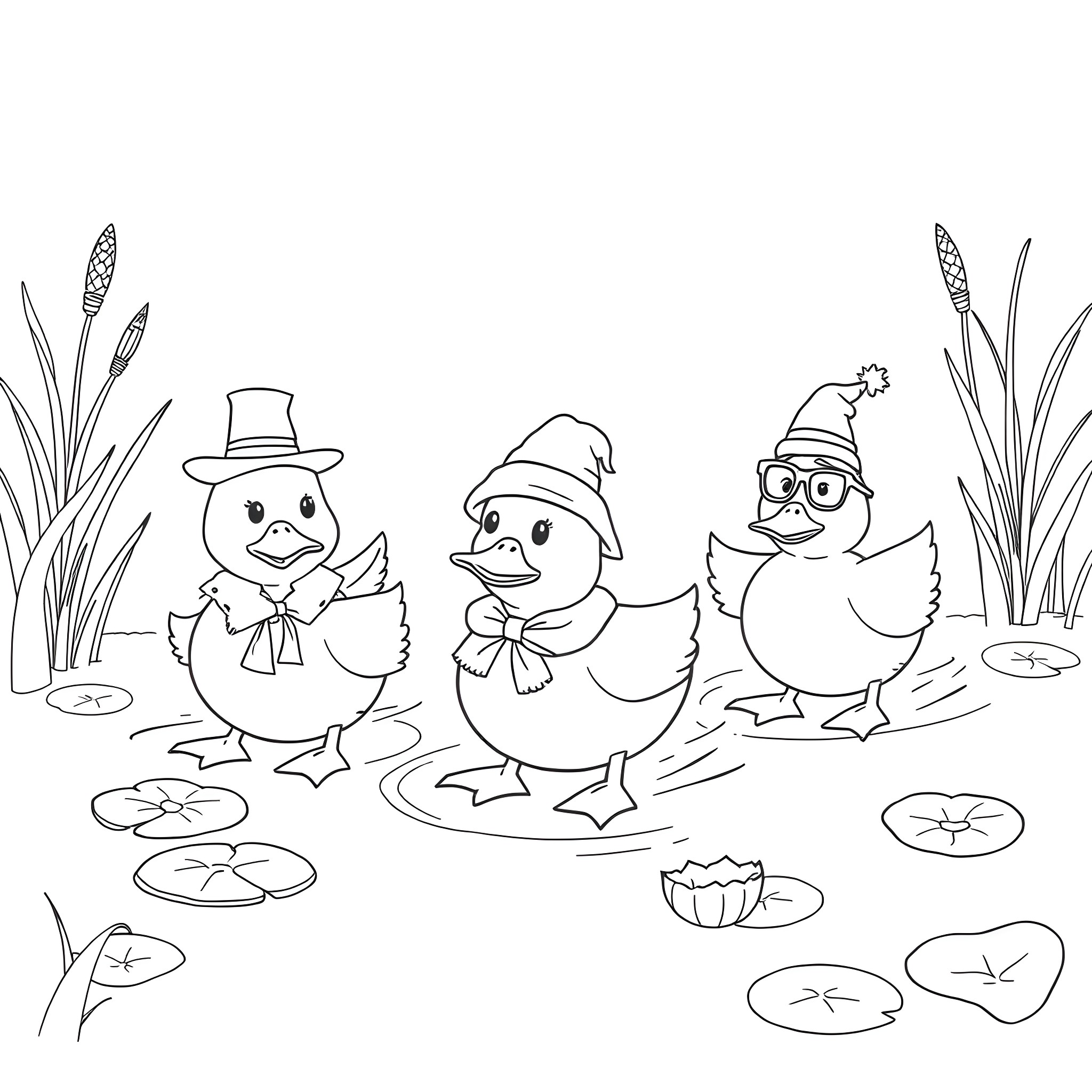 Duck trio enjoying a stylish day out Coloring Page (free black-and-white line drawing printable PDF for all, from beginners to advanced learners, including children, teens, adults, and seniors)