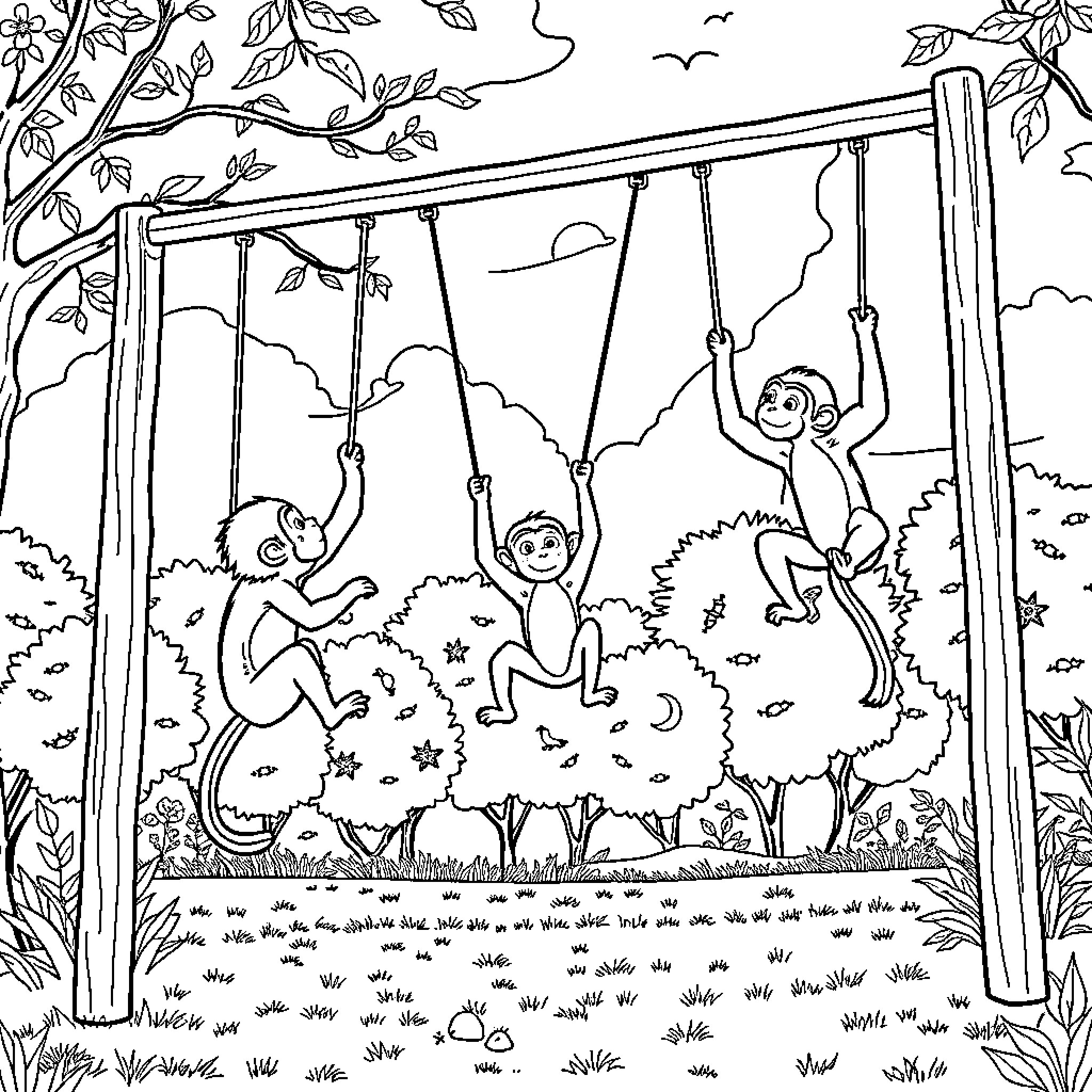 Monkey Playtime in the Enchanting Outdoors Coloring Page (free black-and-white line drawing printable PDF for all, from beginners to advanced learners, including children, teens, adults, and seniors)