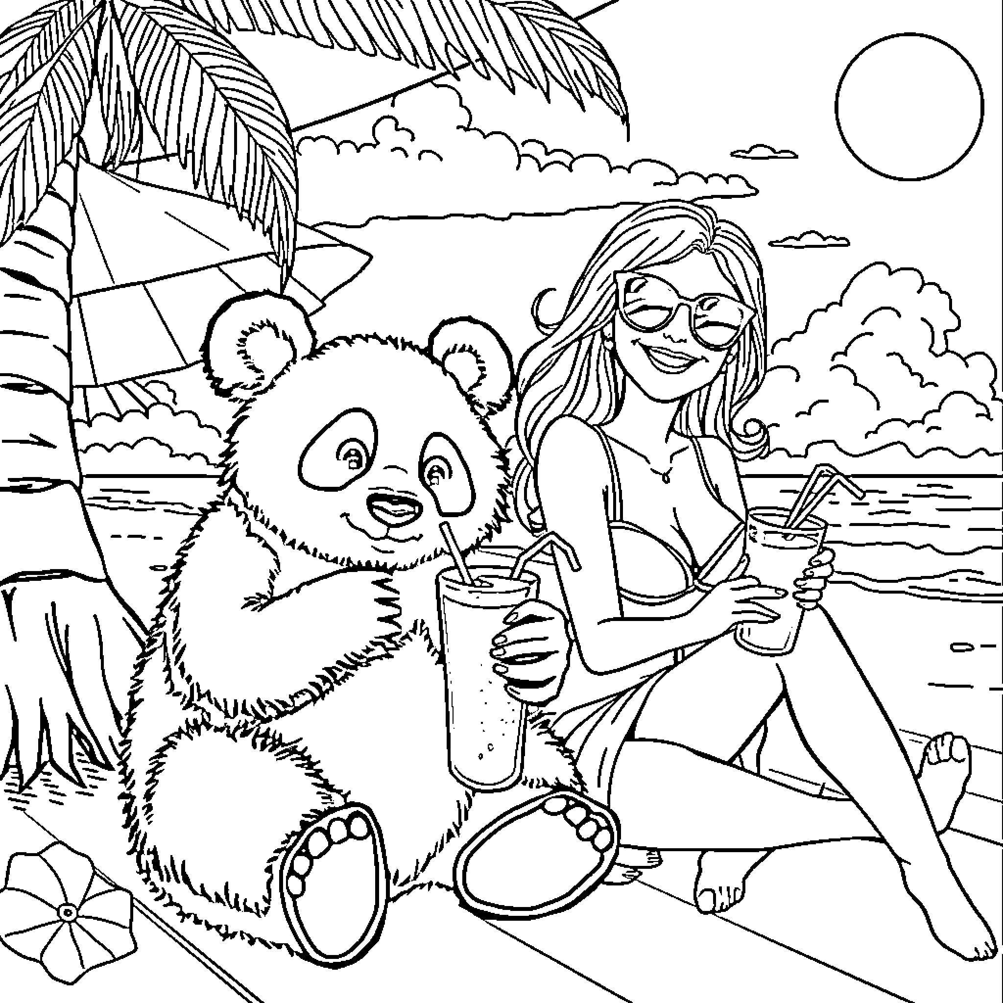 Panda relaxing at the beach with a woman Coloring Page (free black-and-white line drawing printable PDF for all, from beginners to advanced learners, including children, teens, adults, and seniors)