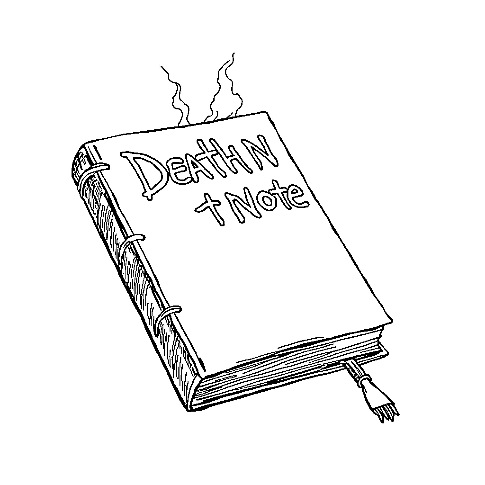 Death Note Book with Ominous Smoke Coloring Page (free black-and-white line drawing printable PDF for all, from beginners to advanced learners, including children, teens, adults, and seniors)