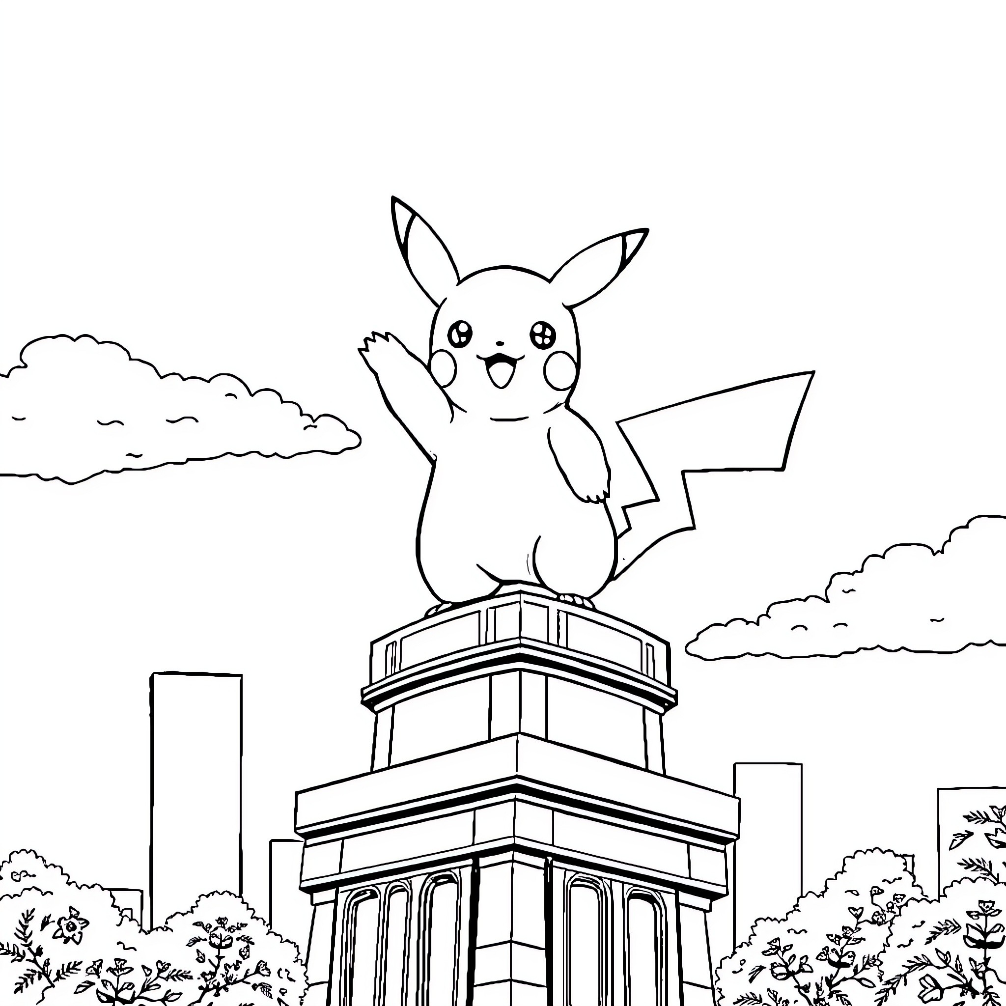 Pikachu perched atop a city landmark Coloring Page (free black-and-white line drawing printable PDF for all, from beginners to advanced learners, including children, teens, adults, and seniors)