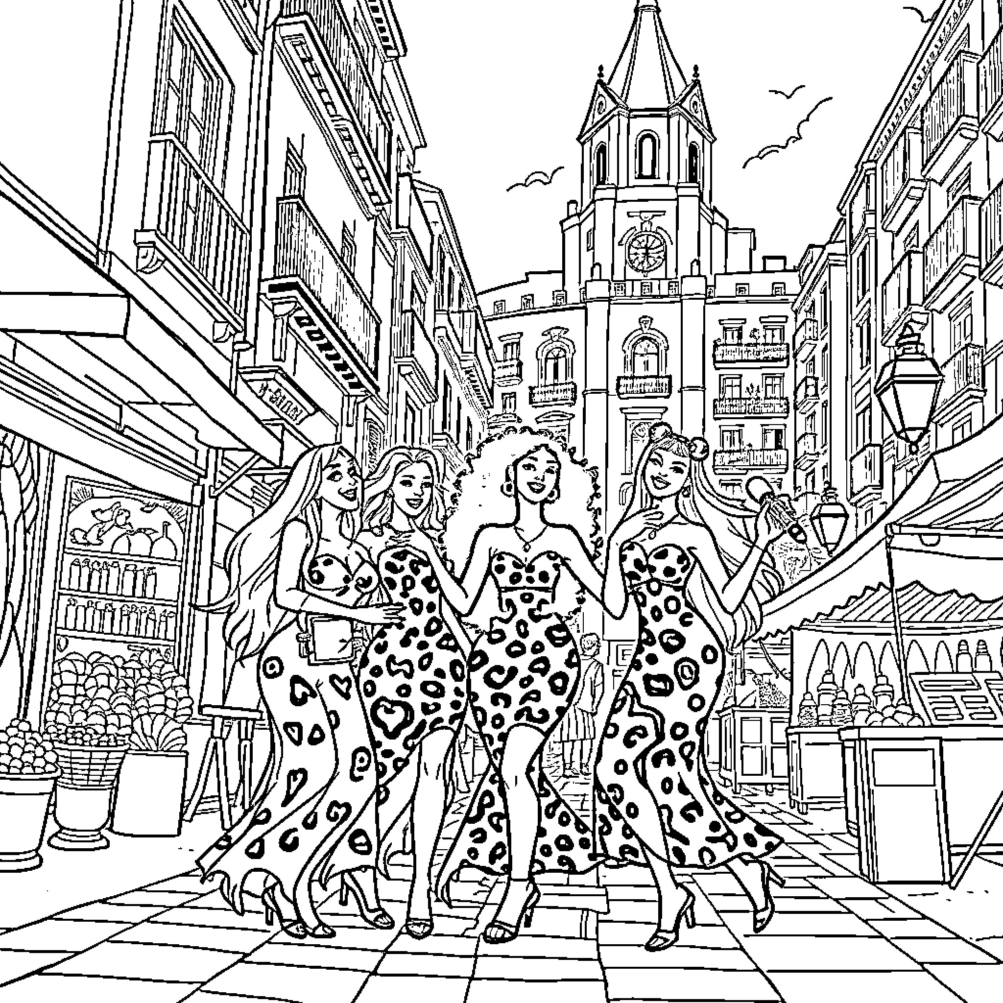 Cheetah Girls strutting down the city street Coloring Page (free black-and-white line drawing printable PDF for all, from beginners to advanced learners, including children, teens, adults, and seniors)