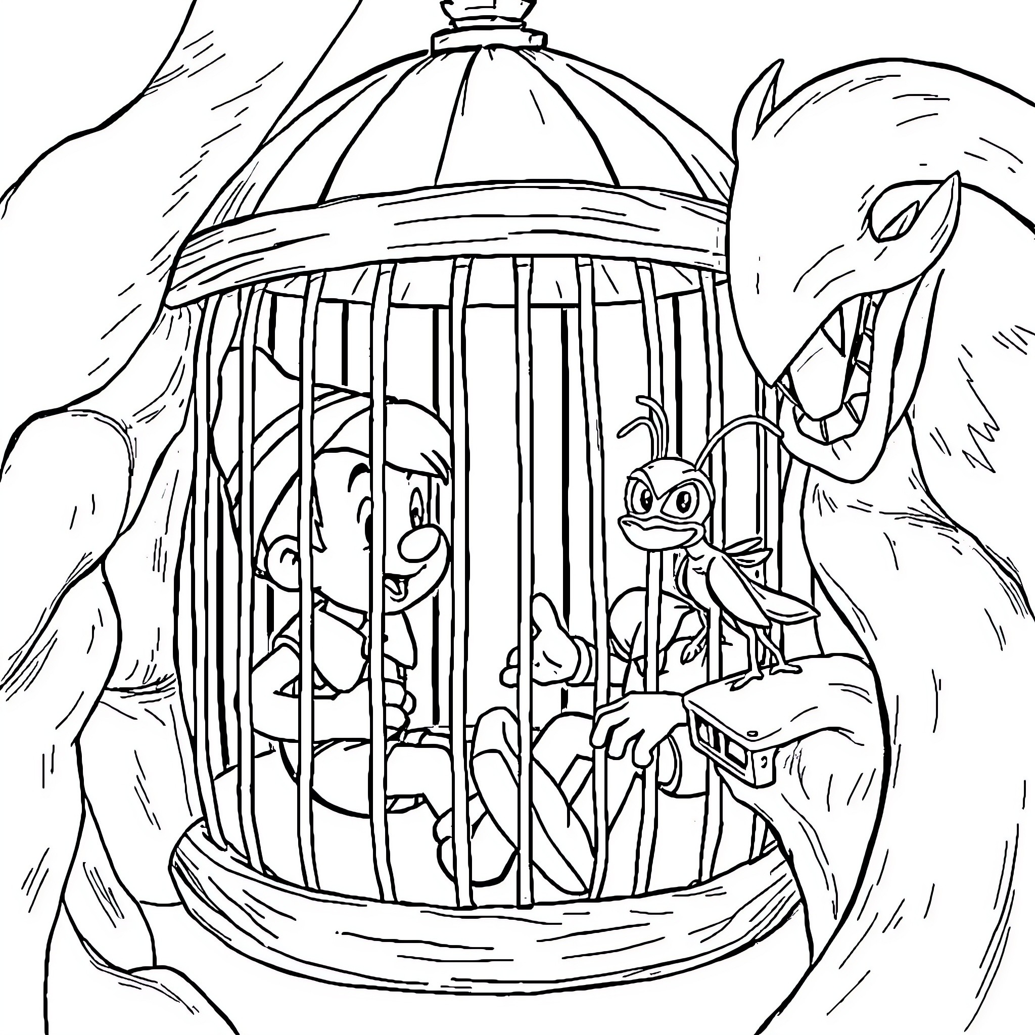 Pinocchio trapped inside a birdcage with animals Coloring Page (free black-and-white line drawing printable PDF for all, from beginners to advanced learners, including children, teens, adults, and seniors)