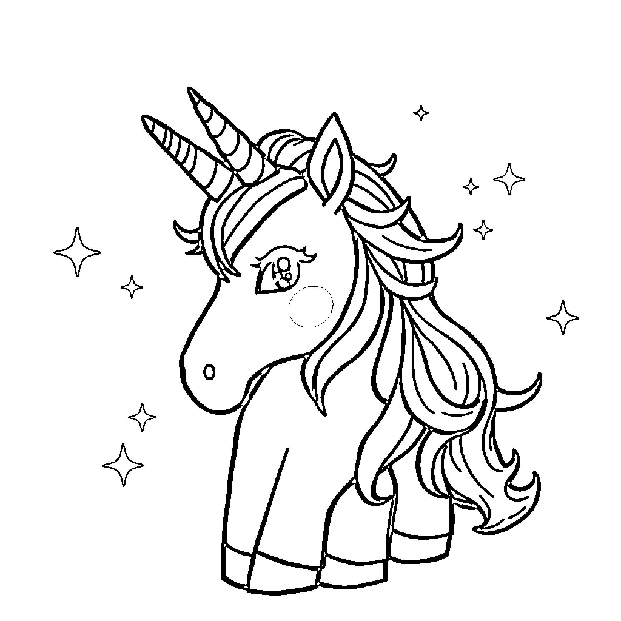 Unicorn with Magical Sparkles and Decorations Coloring Page (free black-and-white line drawing printable PDF for all, from beginners to advanced learners, including children, teens, adults, and seniors)
