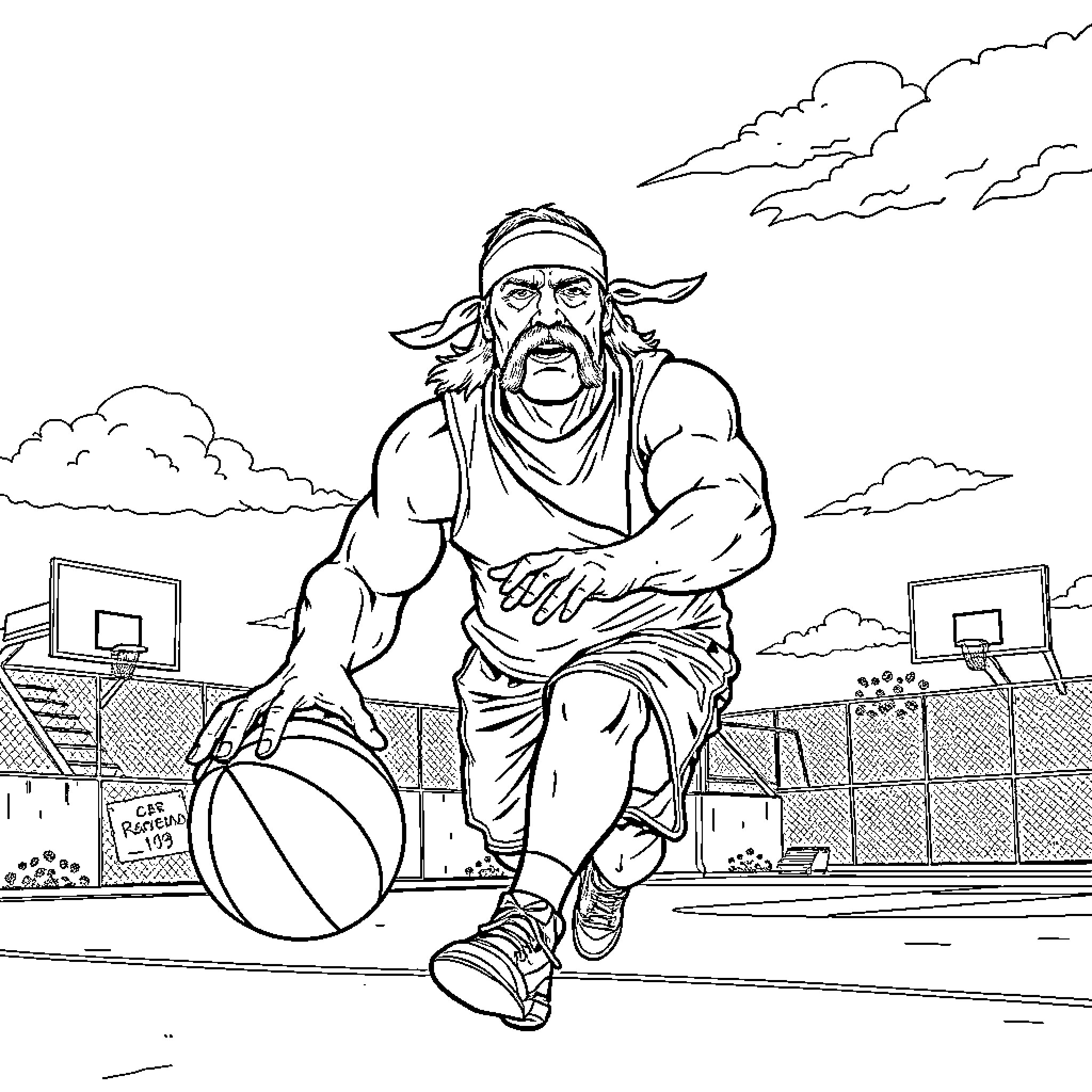 Hulk Hogan playing basketball on the court Coloring Page (free black-and-white line drawing printable PDF for all, from beginners to advanced learners, including children, teens, adults, and seniors)