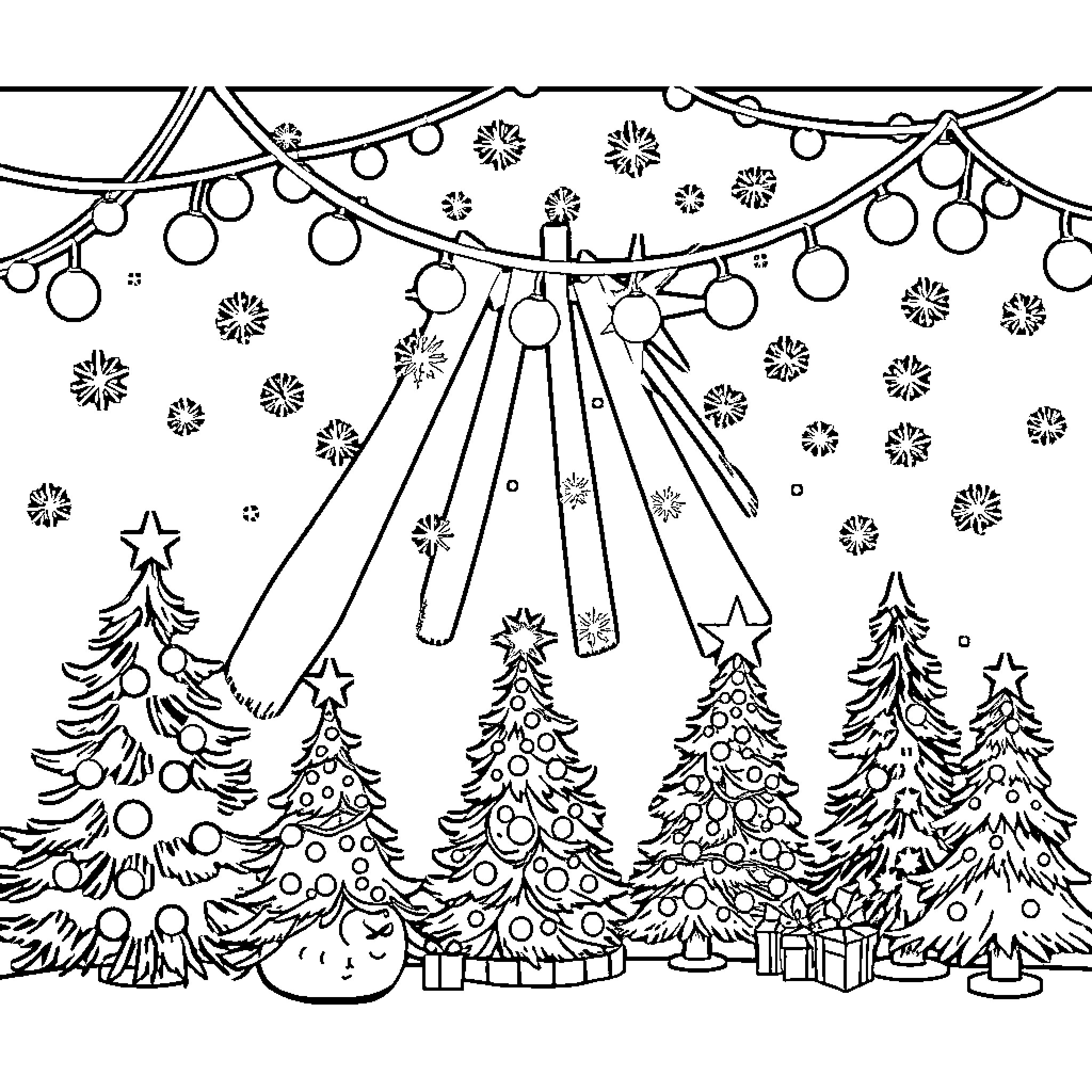 Christmas Eve Celebration with Decorated Trees Coloring Page (free black-and-white line drawing printable PDF for all, from beginners to advanced learners, including children, teens, adults, and seniors)
