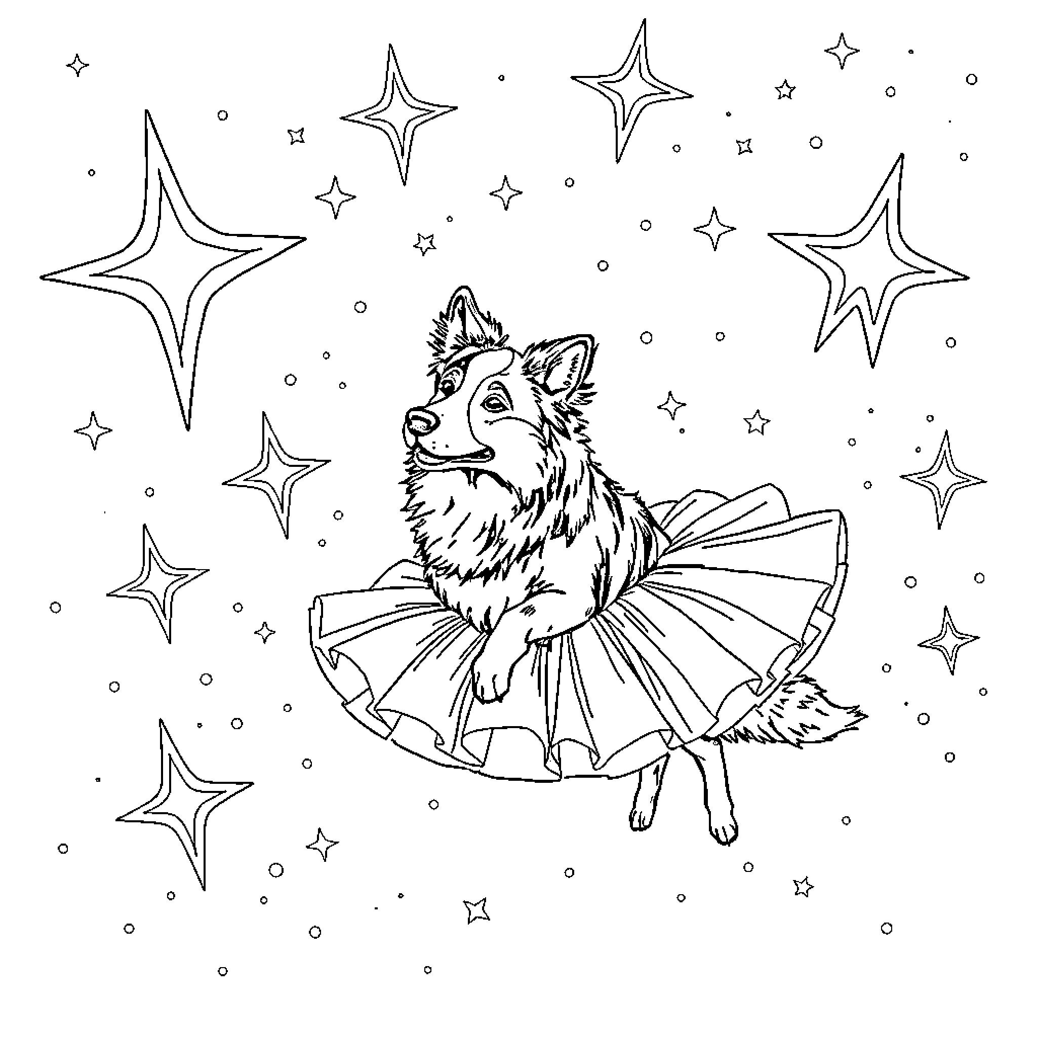 Border Collie dressed in a tutu dancing among the stars Coloring Page (free black-and-white line drawing printable PDF for all, from beginners to advanced learners, including children, teens, adults, and seniors)