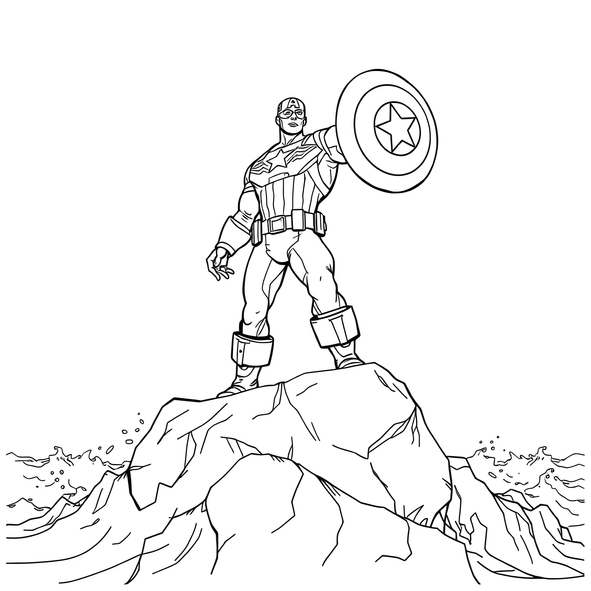 Captain America standing triumphantly on a rocky cliff Coloring Page (free black-and-white line drawing printable PDF for all, from beginners to advanced learners, including children, teens, adults, and seniors)
