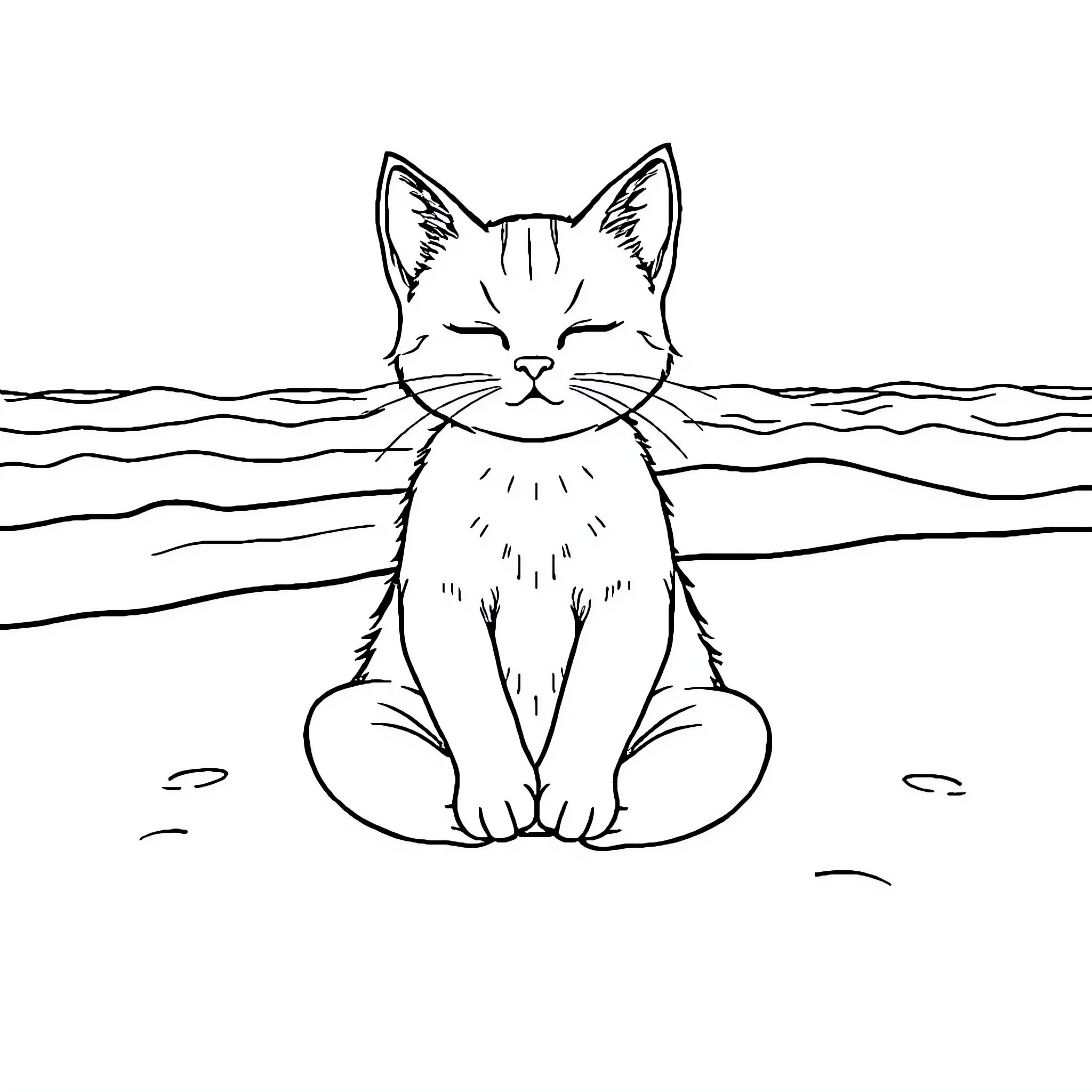 Cat meditating peacefully in tranquil waters Coloring Page (free black-and-white line drawing printable PDF for all, from beginners to advanced learners, including children, teens, adults, and seniors)