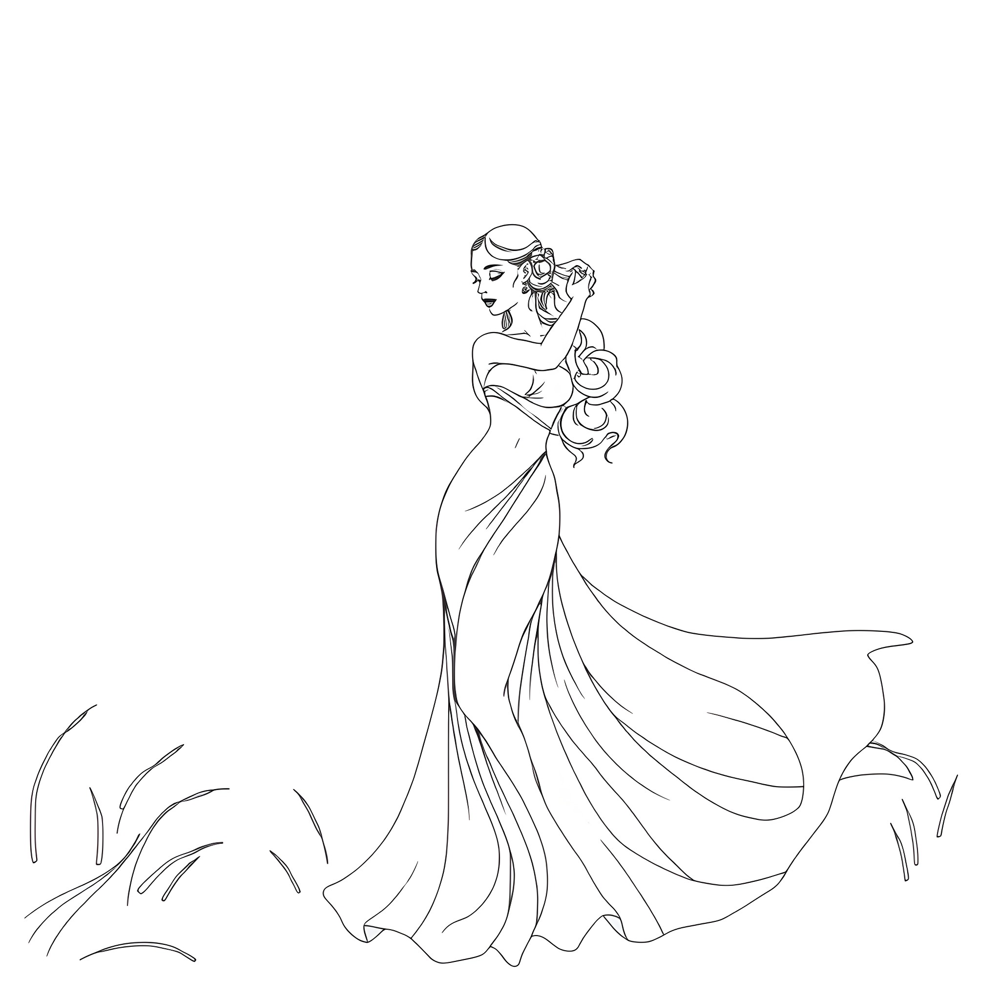 Girl in elegant dress with flowing train Coloring Page (free black-and-white line drawing printable PDF for all, from beginners to advanced learners, including children, teens, adults, and seniors)