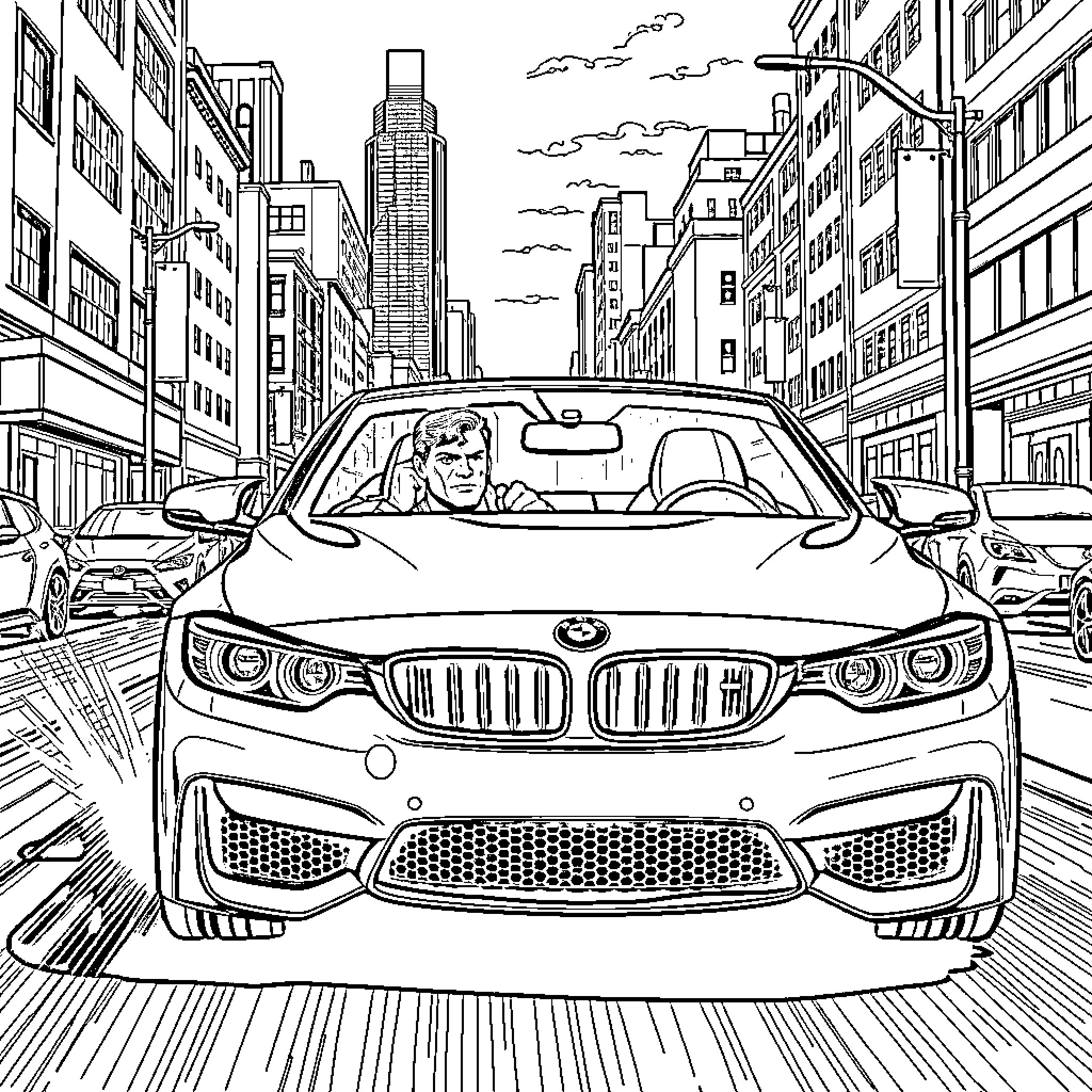 Superman driving a sports car through the city Coloring Page (free black-and-white line drawing printable PDF for all, from beginners to advanced learners, including children, teens, adults, and seniors)