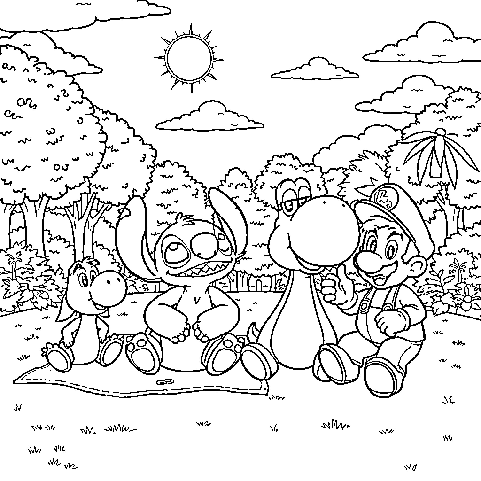 Lilo And Stitch Enjoying Outdoor Adventure Coloring Page (free black-and-white line drawing printable PDF for all, from beginners to advanced learners, including children, teens, adults, and seniors)