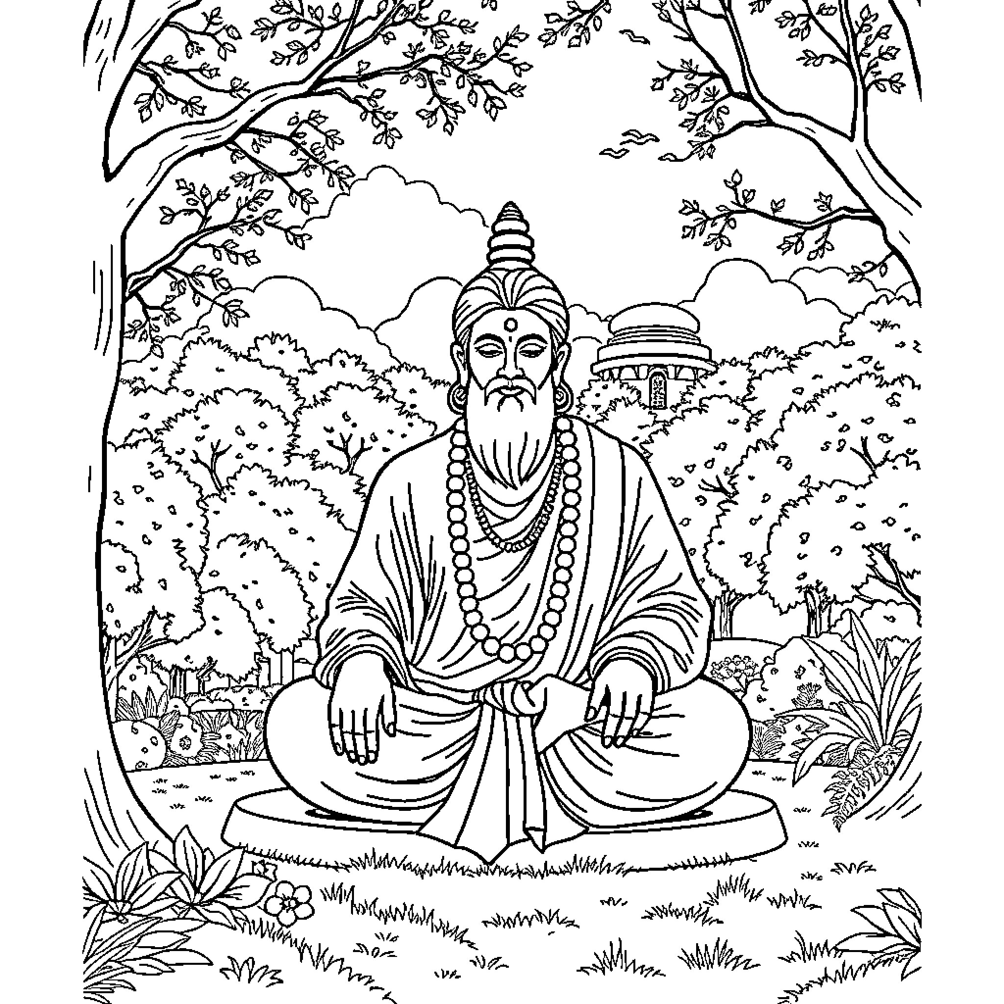Yogeshwar's Serene Meditation in the Forest Sanctuary Coloring Page (free black-and-white line drawing printable PDF for all, from beginners to advanced learners, including children, teens, adults, and seniors)