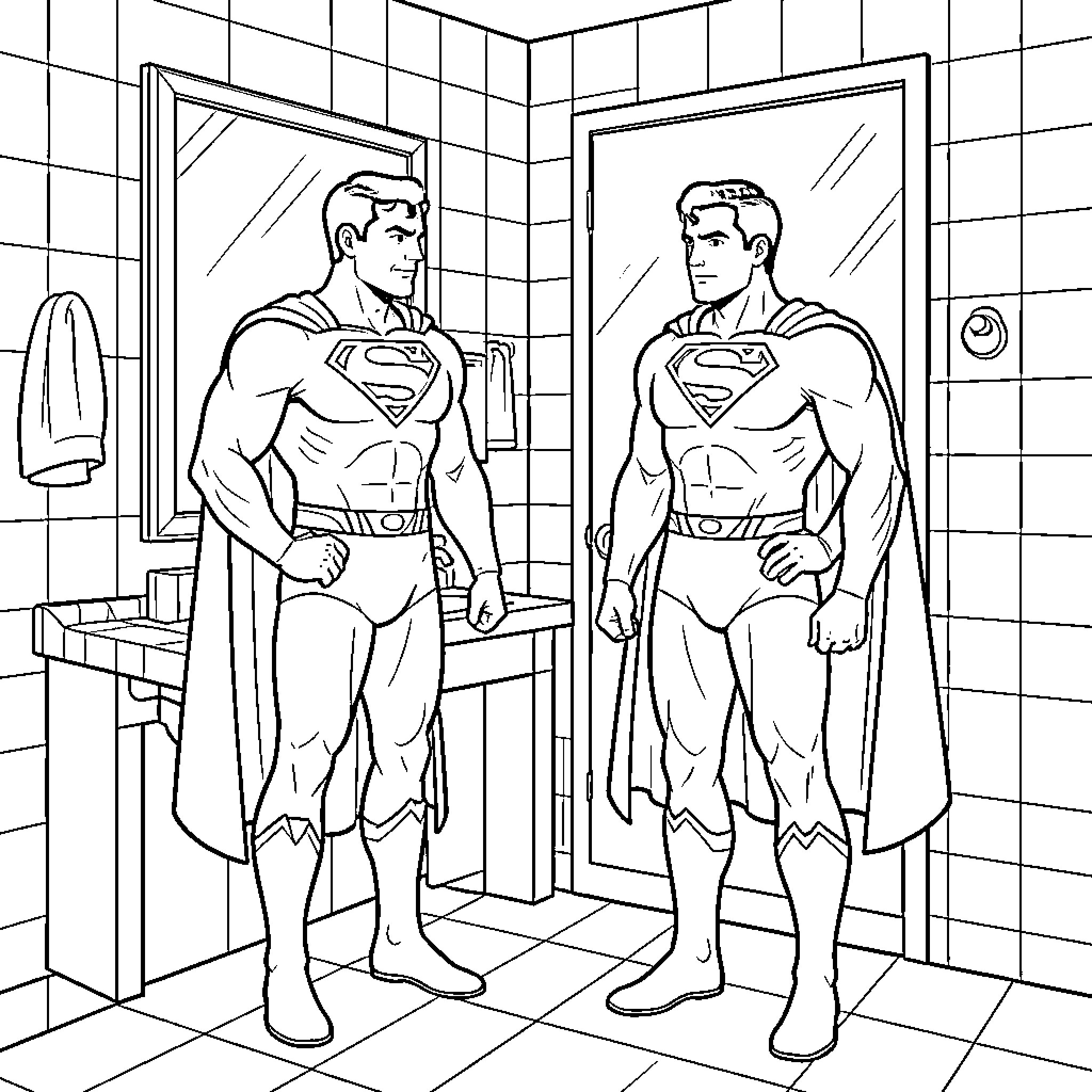Superman standing heroically in a bathroom setting Coloring Page (free black-and-white line drawing printable PDF for all, from beginners to advanced learners, including children, teens, adults, and seniors)