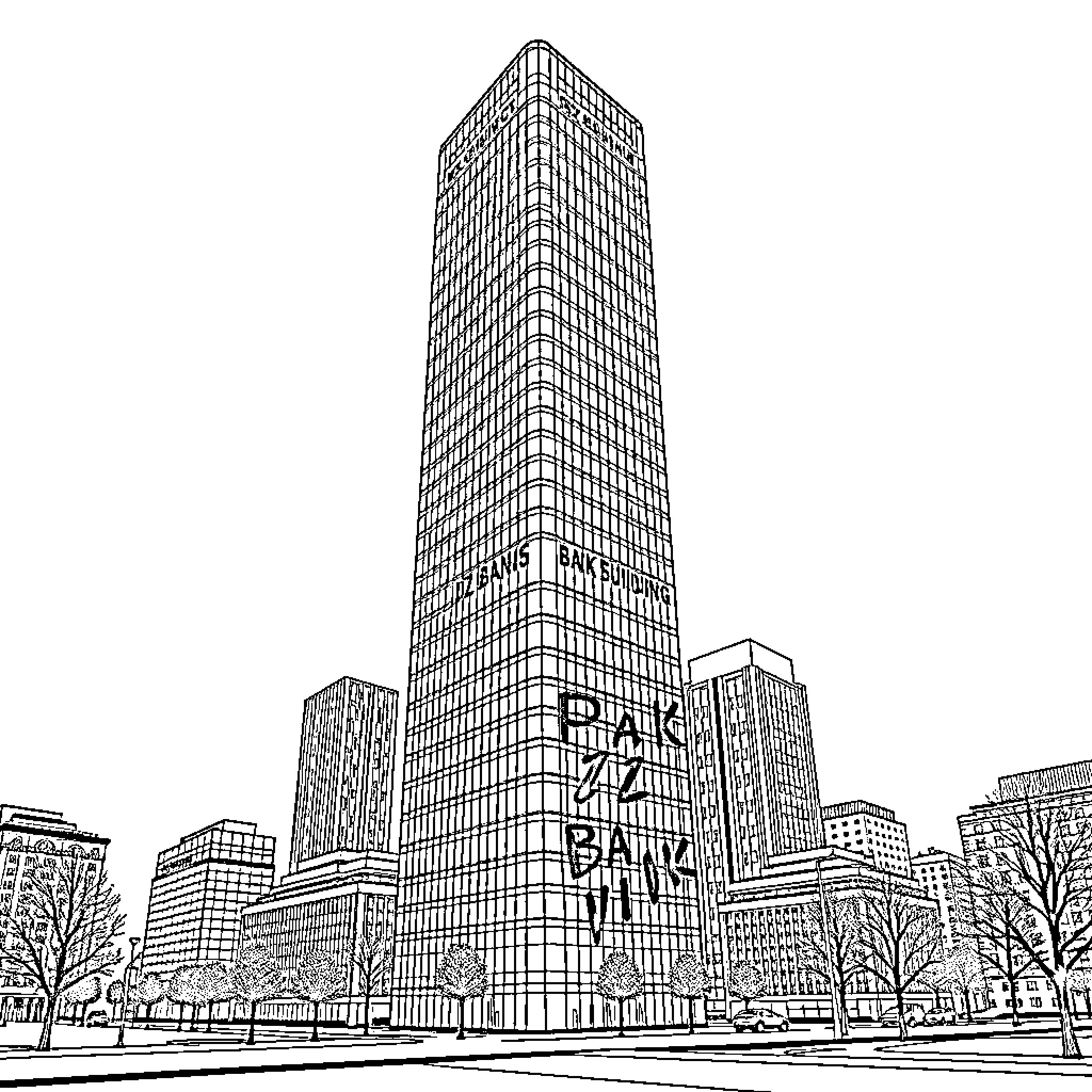 DZ Bank Building Towering Over Urban Landscape Coloring Page (free black-and-white line drawing printable PDF for all, from beginners to advanced learners, including children, teens, adults, and seniors)