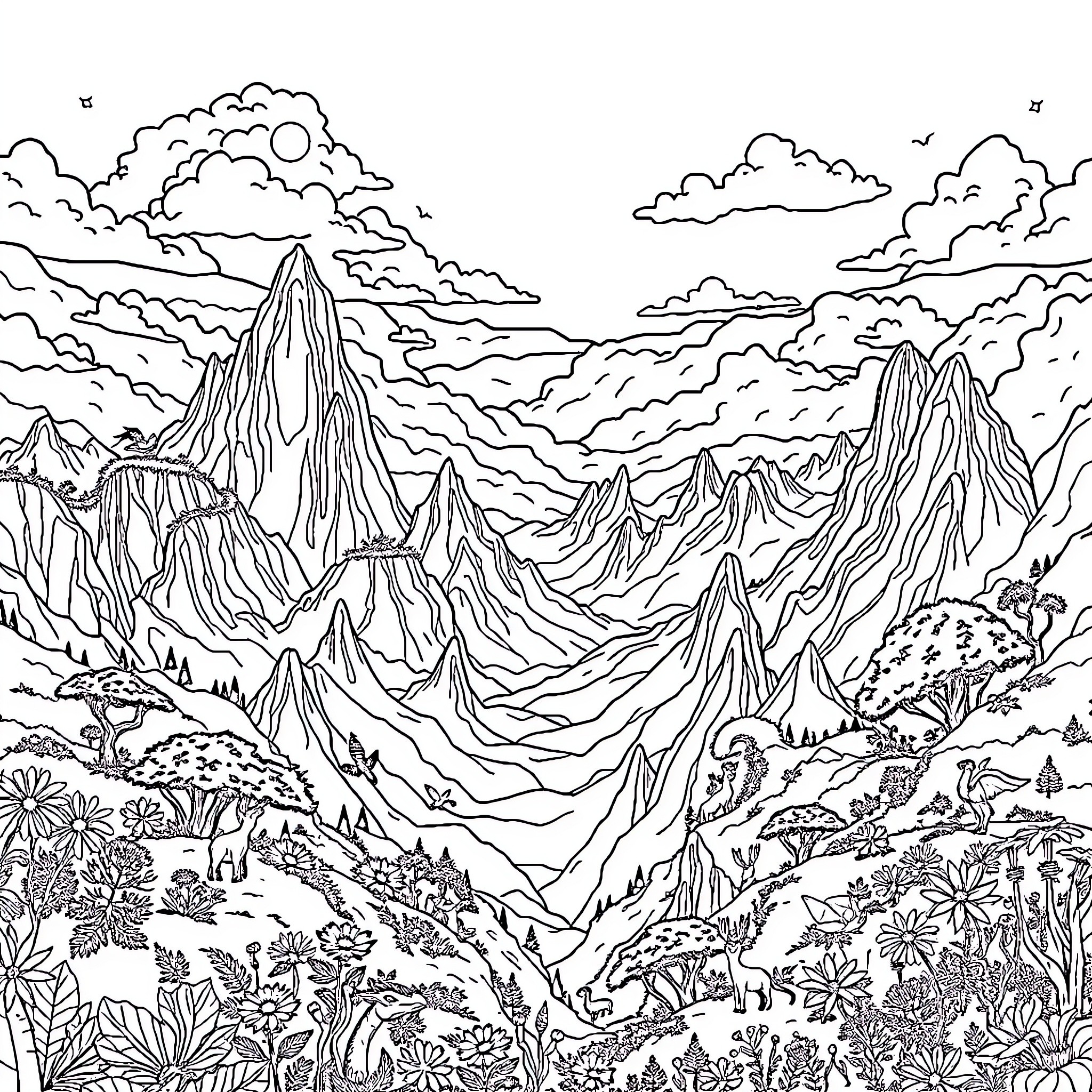 Avatar in the Majestic Mountain Landscape Coloring Page (free black-and-white line drawing printable PDF for all, from beginners to advanced learners, including children, teens, adults, and seniors)