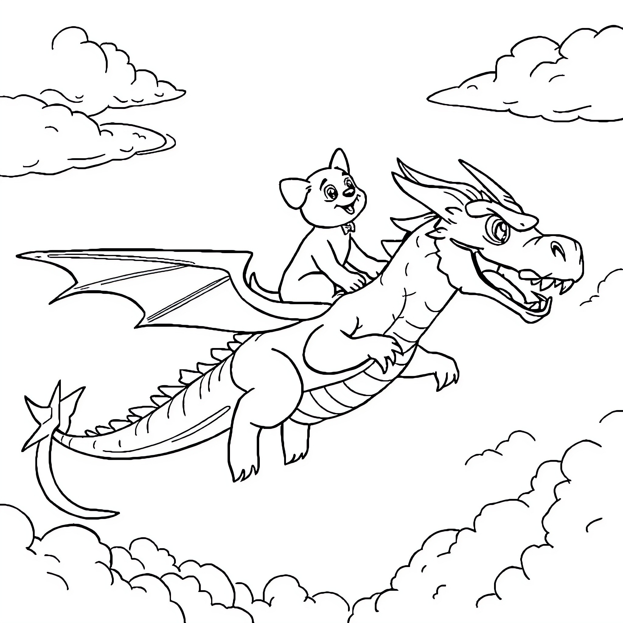 Dog riding a dragon in the sky Coloring Page (free black-and-white line drawing printable PDF for all, from beginners to advanced learners, including children, teens, adults, and seniors)