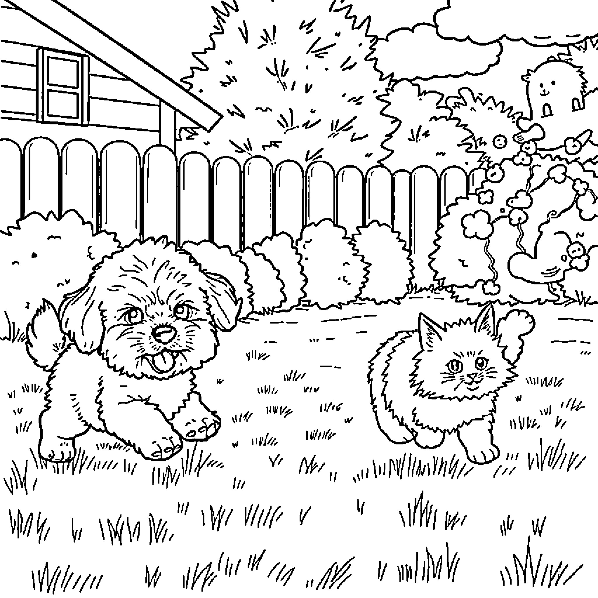 Dog and Cat Exploring the Backyard Coloring Page (free black-and-white line drawing printable PDF for all, from beginners to advanced learners, including children, teens, adults, and seniors)
