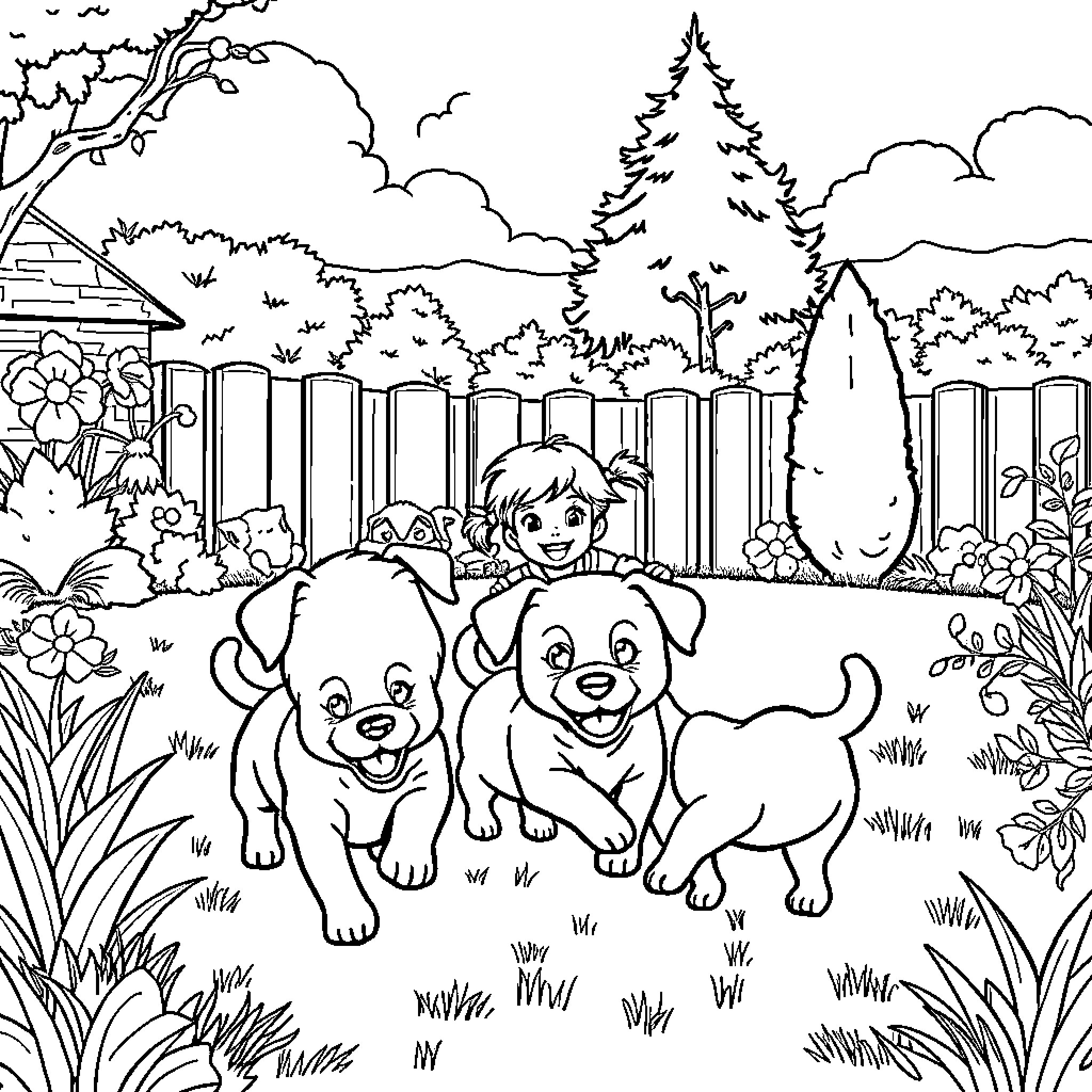Puppy playing with friend in lush garden Coloring Page (free black-and-white line drawing printable PDF for all, from beginners to advanced learners, including children, teens, adults, and seniors)