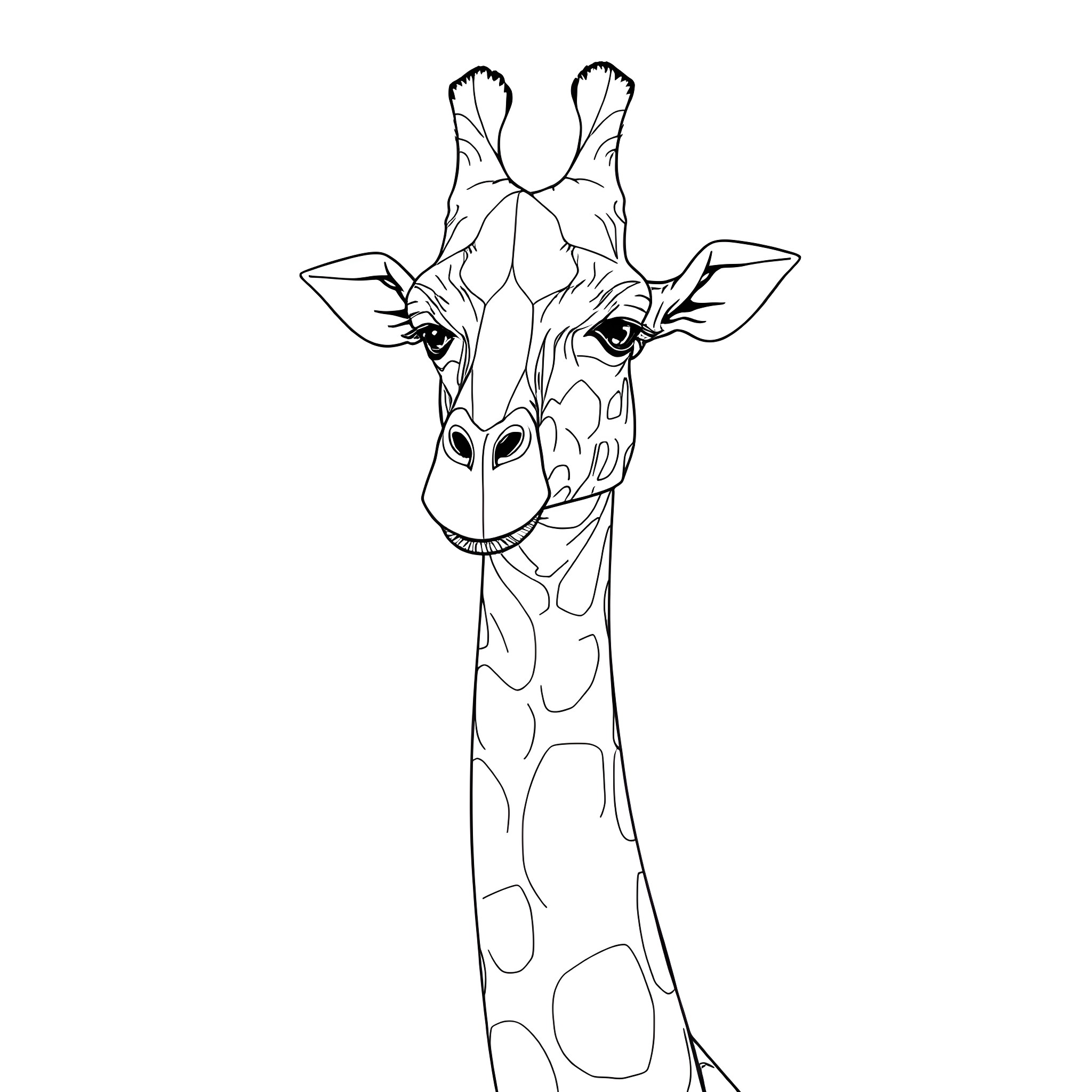 Giraffe gazing intently with curious expression Coloring Page (free black-and-white line drawing printable PDF for all, from beginners to advanced learners, including children, teens, adults, and seniors)