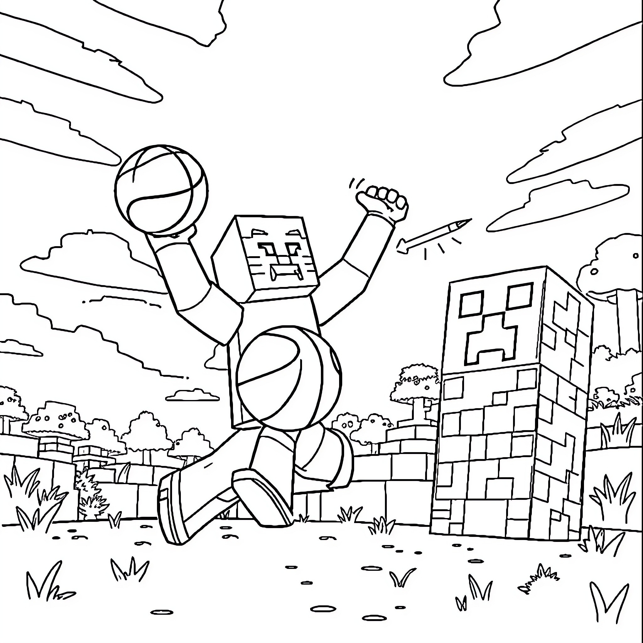 Minecraft Steve triumphantly exploring the blocky world Coloring Page (free black-and-white line drawing printable PDF for all, from beginners to advanced learners, including children, teens, adults, and seniors)