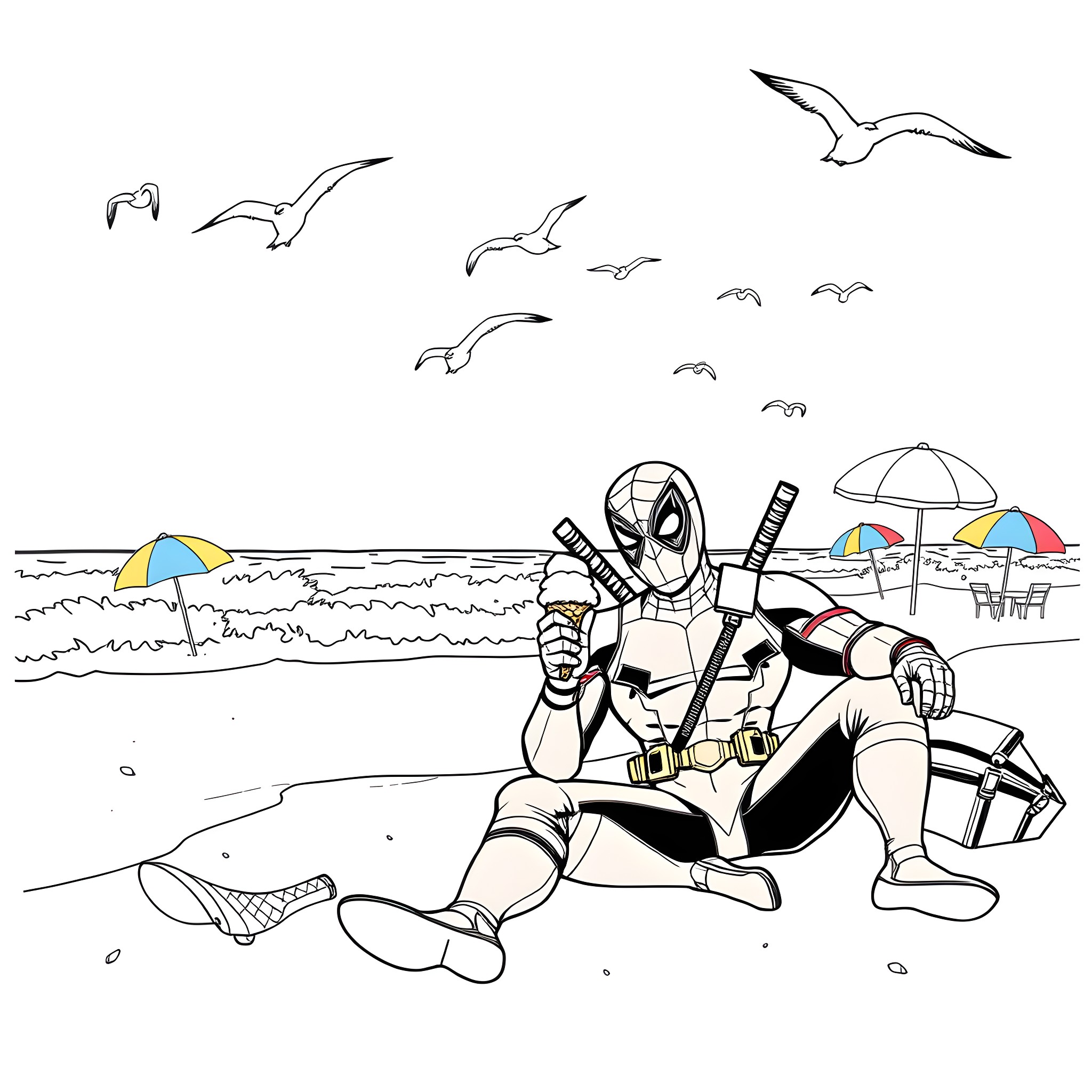 Spiderman relaxing on the beach Coloring Page (free black-and-white line drawing printable PDF for all, from beginners to advanced learners, including children, teens, adults, and seniors)