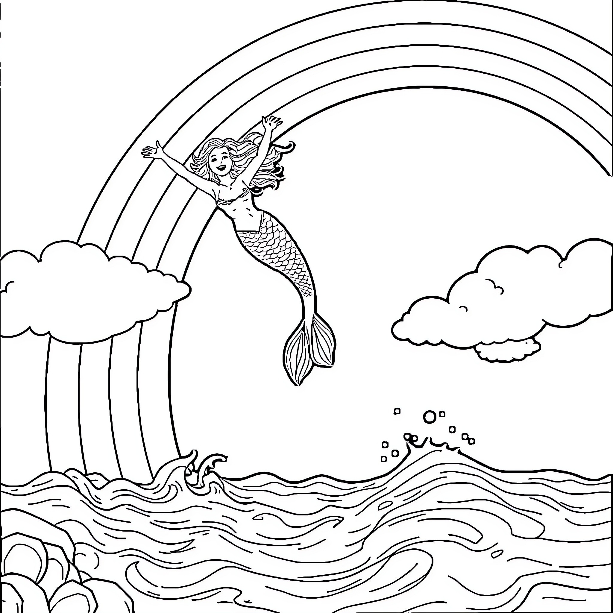 Mermaid dancing joyfully under a rainbow in the ocean Coloring Page (free black-and-white line drawing printable PDF for all, from beginners to advanced learners, including children, teens, adults, and seniors)