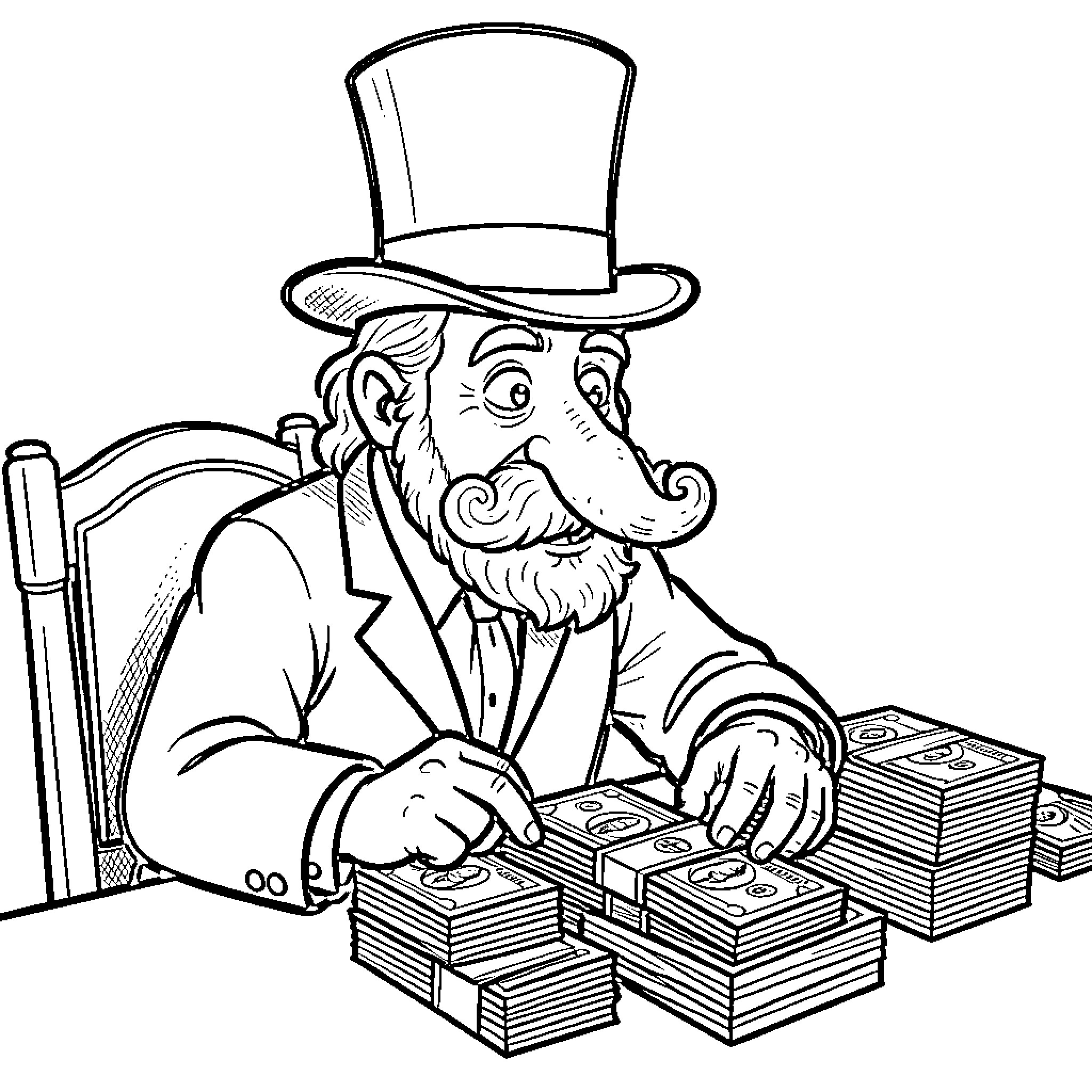 Man counting money at his desk Coloring Page (free black-and-white line drawing printable PDF for all, from beginners to advanced learners, including children, teens, adults, and seniors)