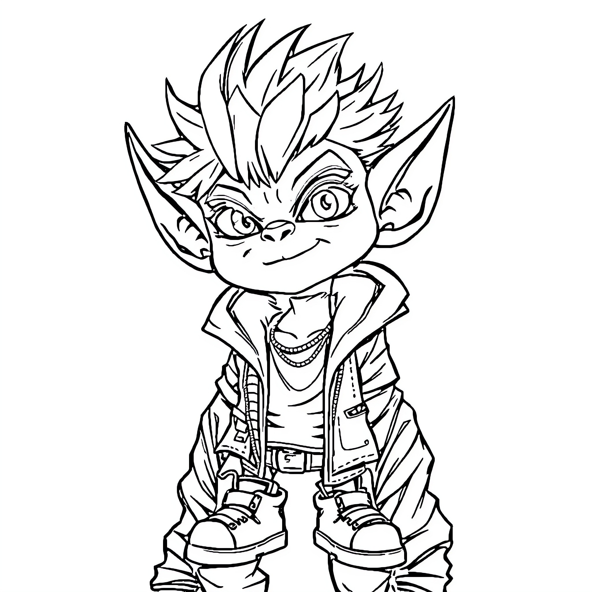 Goblin Character in Casual Outfit Coloring Page (free black-and-white line drawing printable PDF for all, from beginners to advanced learners, including children, teens, adults, and seniors)