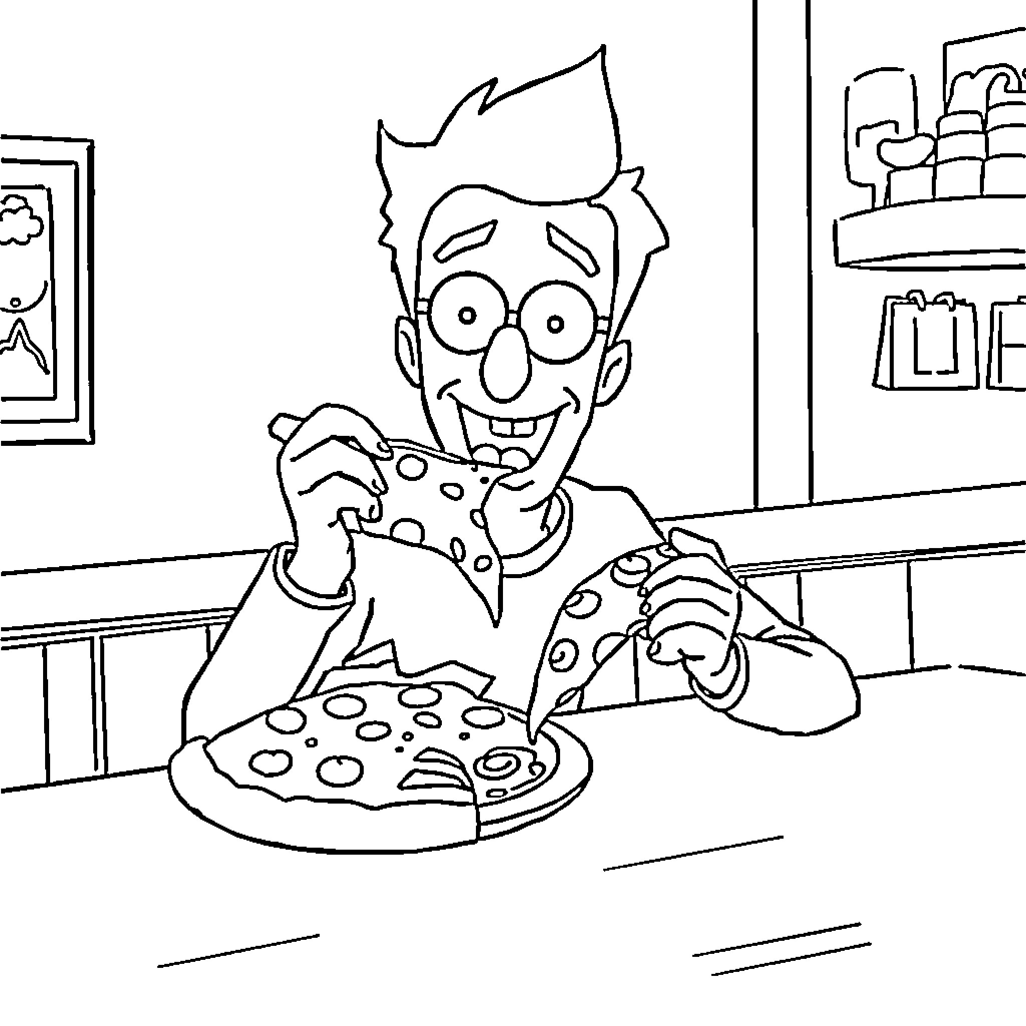 Sheldon enjoying a tasty pizza snack Coloring Page (free black-and-white line drawing printable PDF for all, from beginners to advanced learners, including children, teens, adults, and seniors)
