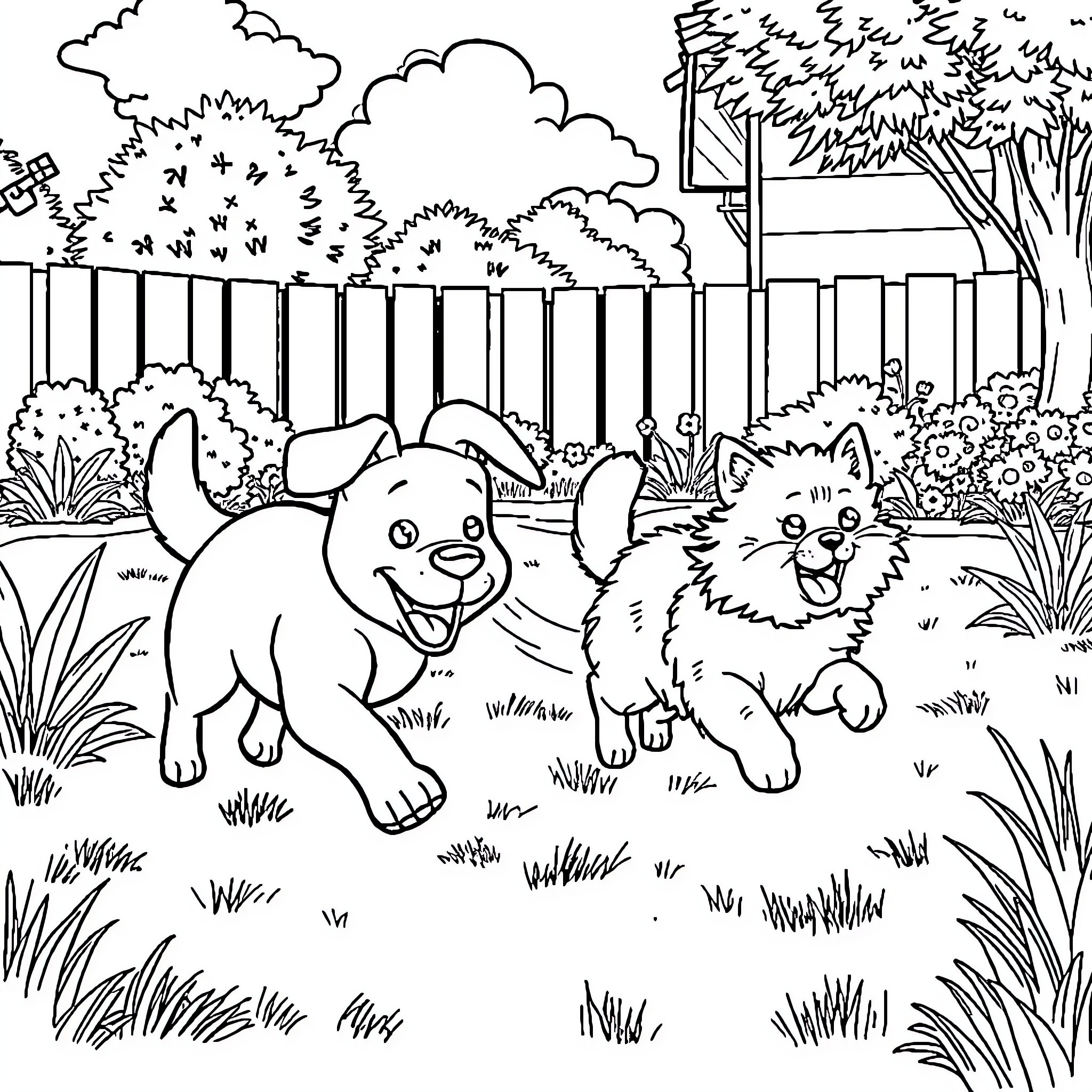 Dog playing with friend in the backyard Coloring Page (free black-and-white line drawing printable PDF for all, from beginners to advanced learners, including children, teens, adults, and seniors)