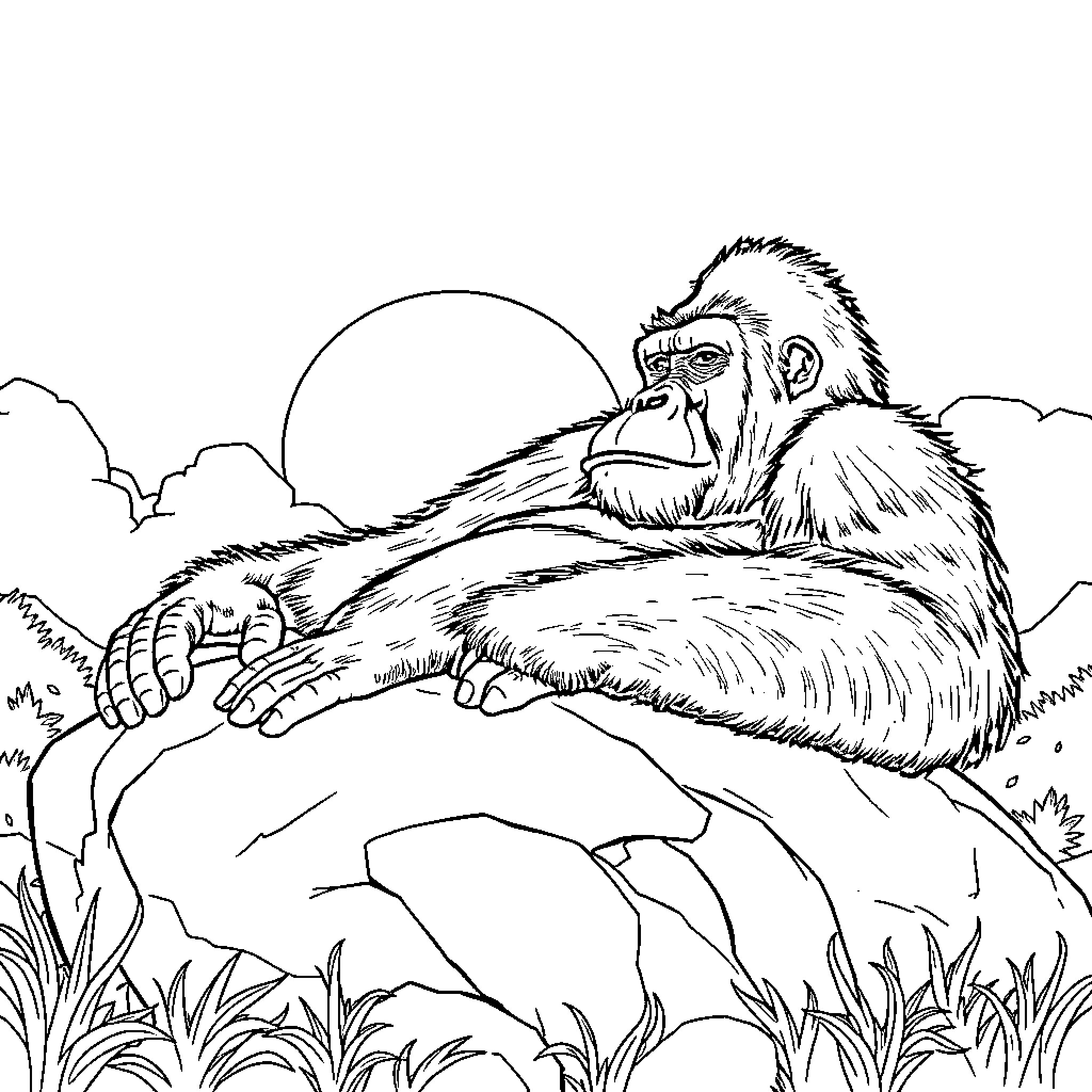 Gorilla resting peacefully in the wild Coloring Page (free black-and-white line drawing printable PDF for all, from beginners to advanced learners, including children, teens, adults, and seniors)