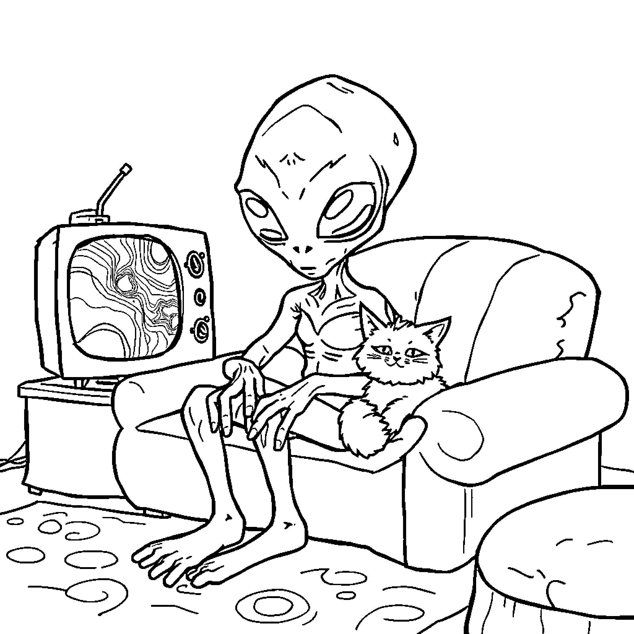 Alien watching TV with a cat on the sofa Coloring Page (free black-and-white line drawing printable PDF for all, from beginners to advanced learners, including children, teens, adults, and seniors)