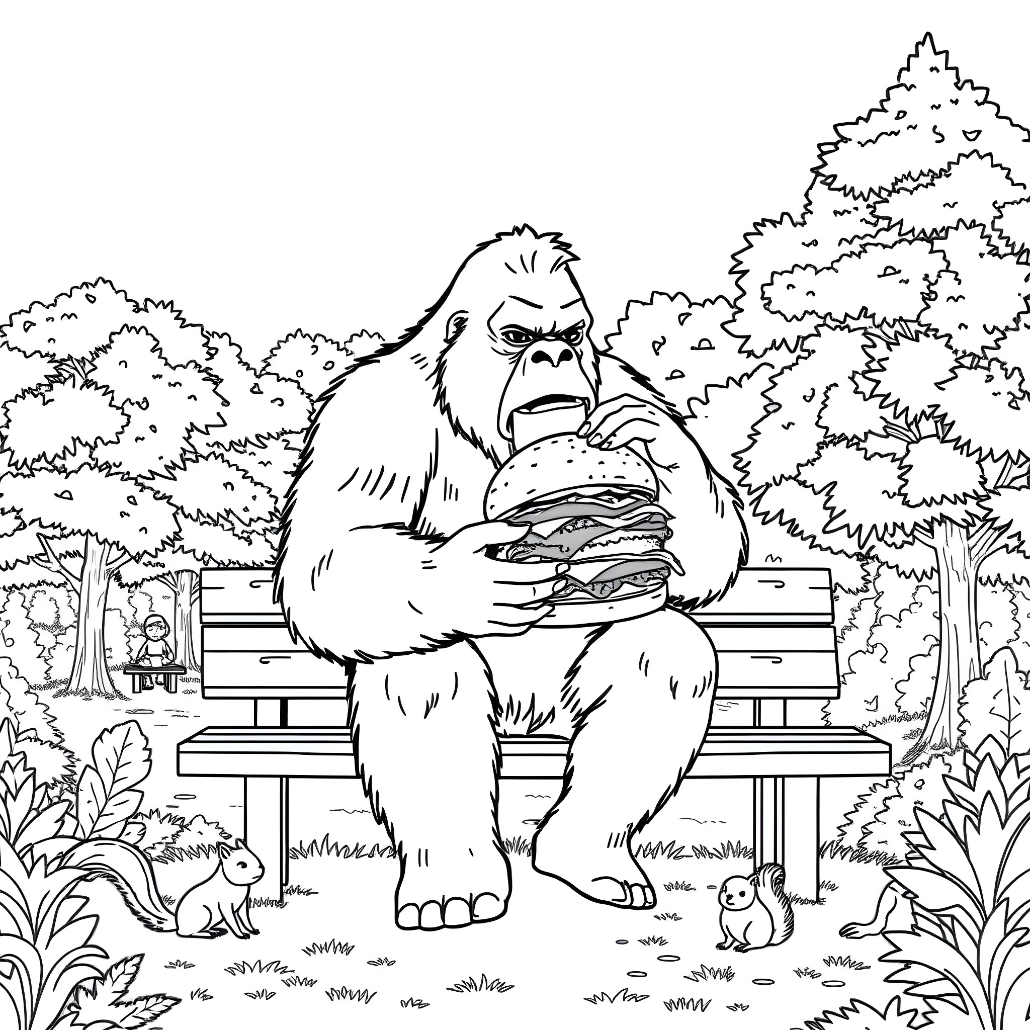 Bigfoot relaxing with a tasty snack in the forest Coloring Page (free black-and-white line drawing printable PDF for all, from beginners to advanced learners, including children, teens, adults, and seniors)