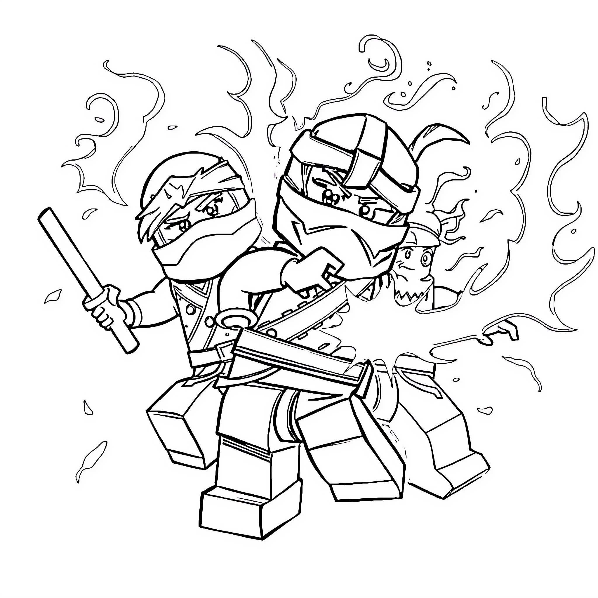 Ninjago characters in intense battle formation Coloring Page (free black-and-white line drawing printable PDF for all, from beginners to advanced learners, including children, teens, adults, and seniors)
