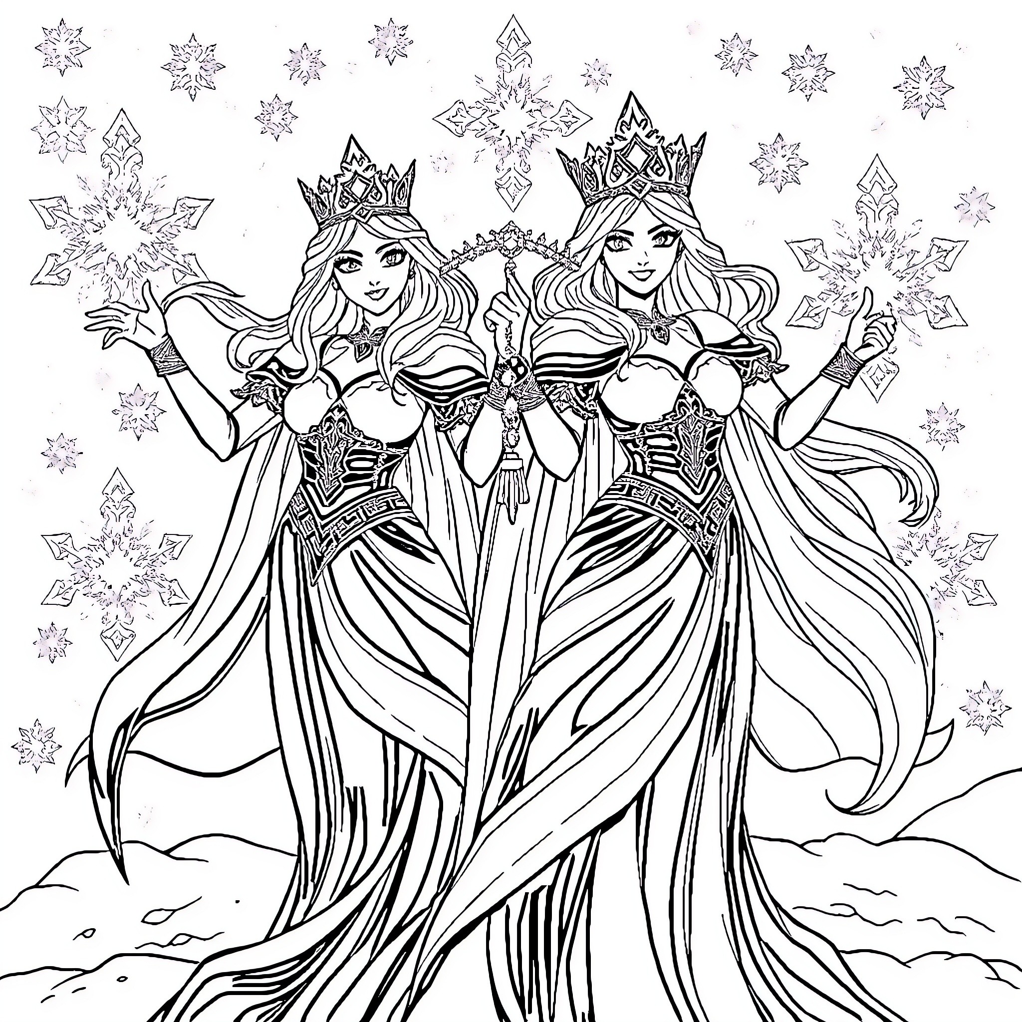 Queen Winter Princesses in Wintery Regalia Coloring Page (free black-and-white line drawing printable PDF for all, from beginners to advanced learners, including children, teens, adults, and seniors)