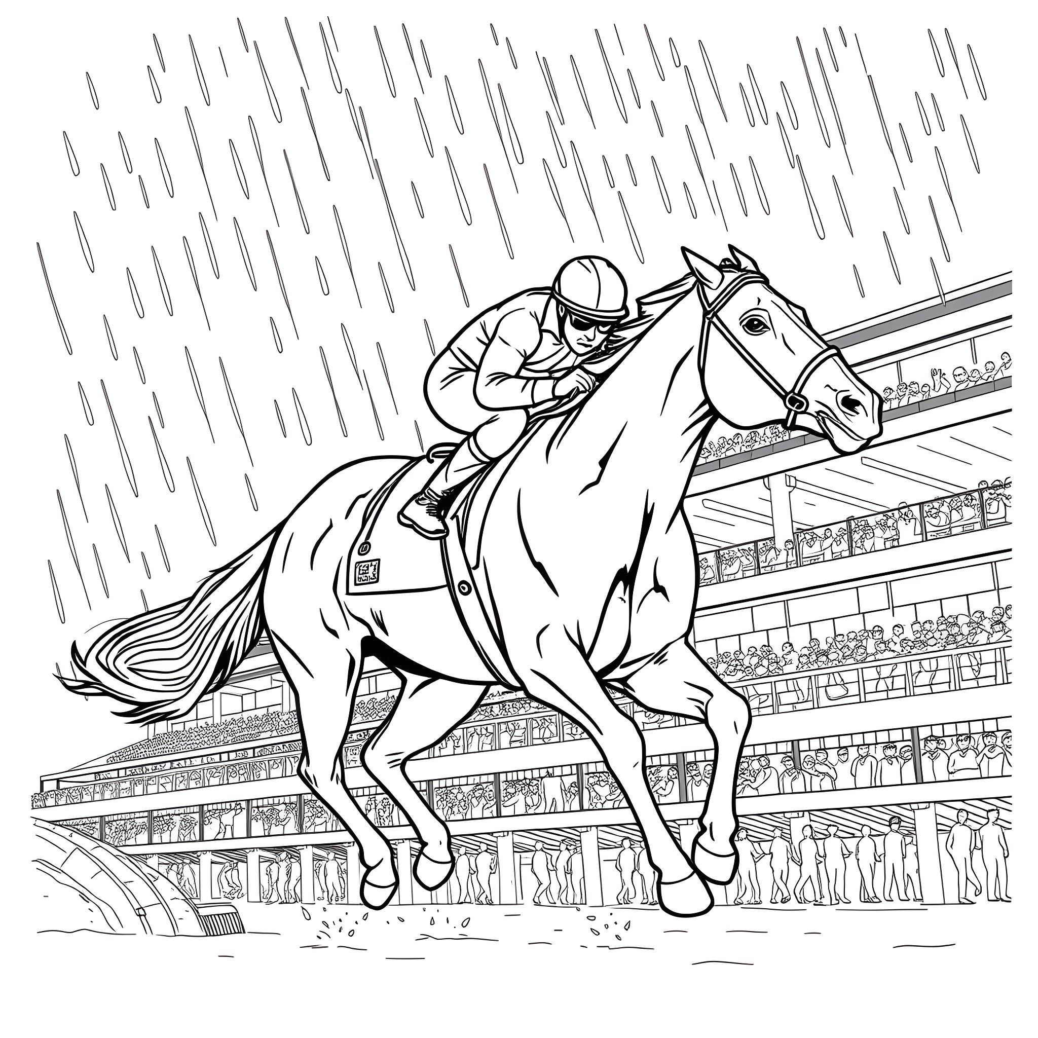 Racehorse Jockey Speeds Through Rainy Track Coloring Page (free black-and-white line drawing printable PDF for all, from beginners to advanced learners, including children, teens, adults, and seniors)