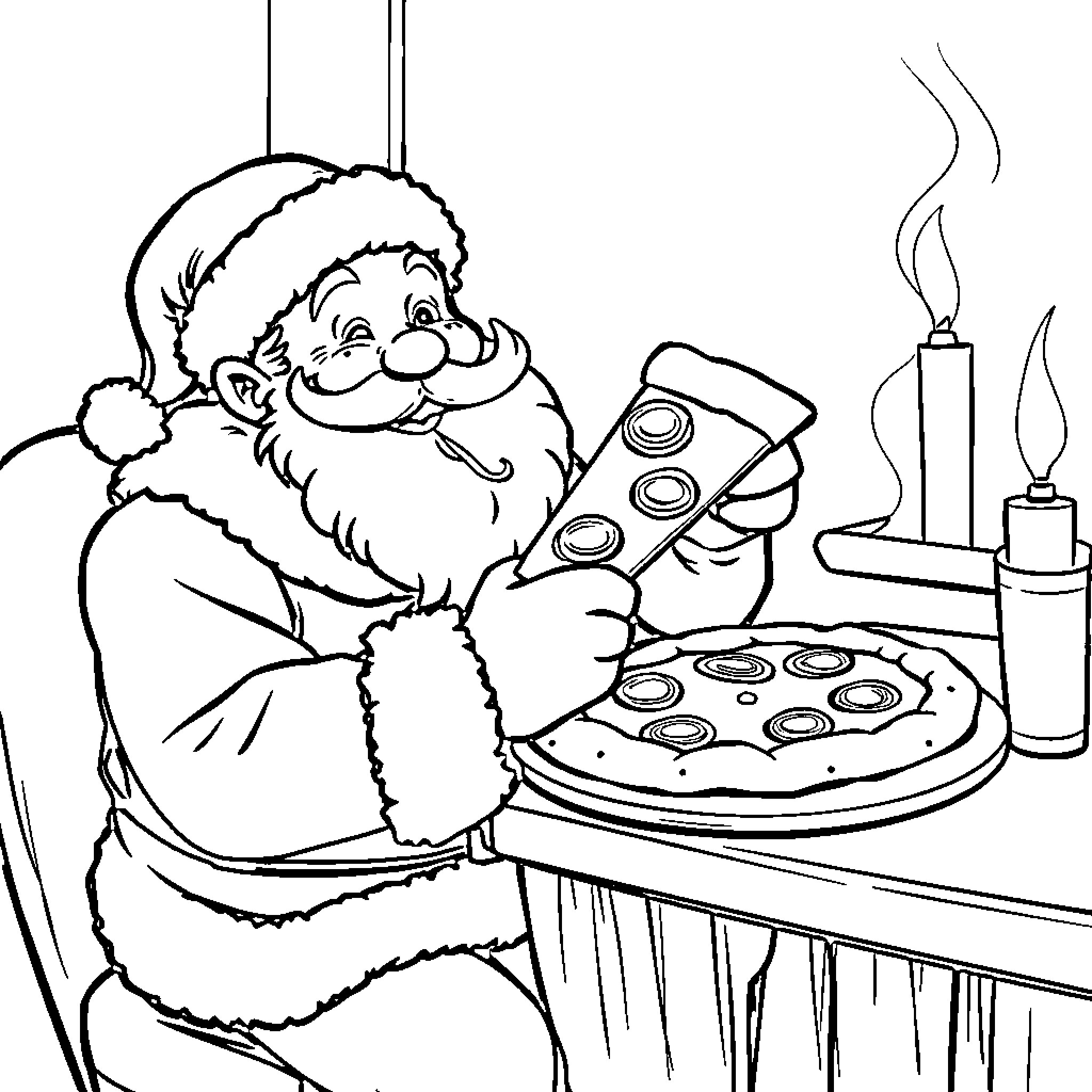 Santa Enjoying Pizza and Toys in the Kitchen Coloring Page (free black-and-white line drawing printable PDF for all, from beginners to advanced learners, including children, teens, adults, and seniors)