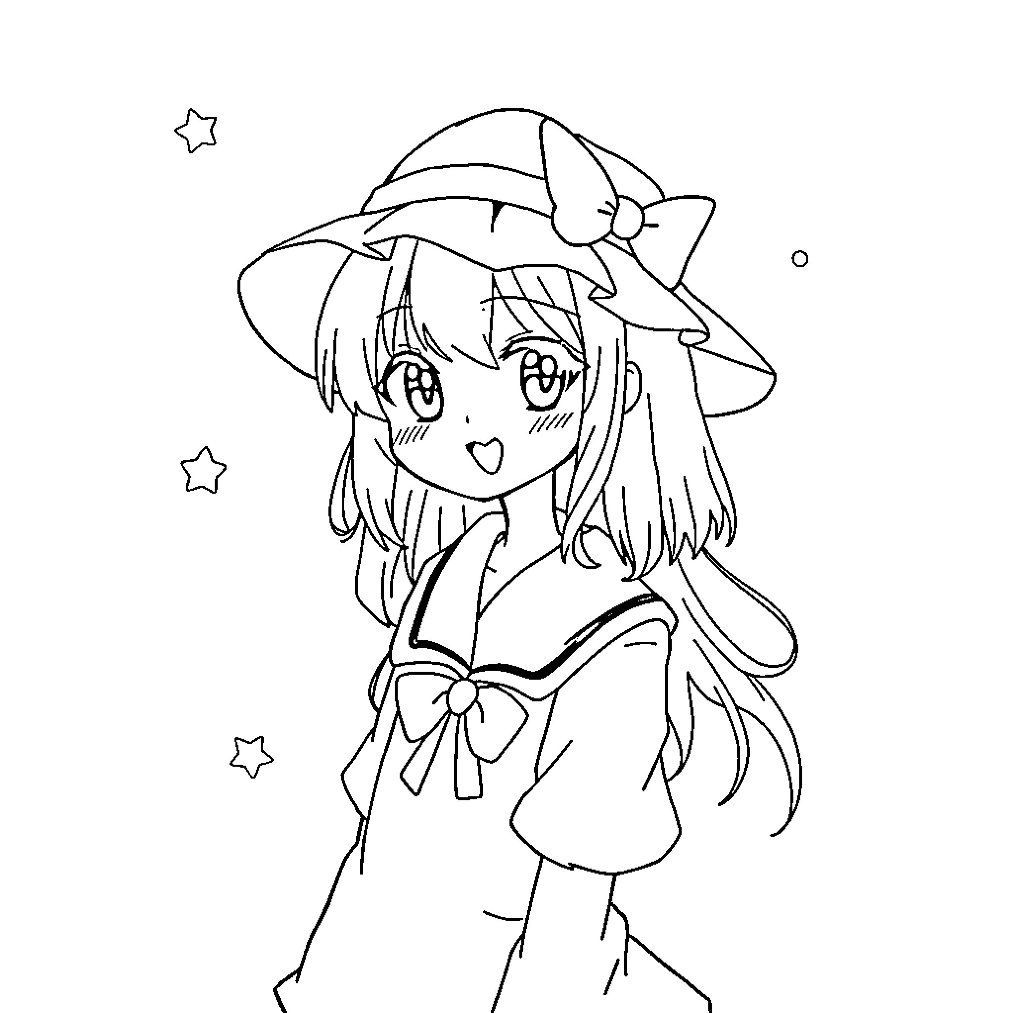 Kuromi enjoying a starry night in her witch costume Coloring Page (free black-and-white line drawing printable PDF for all, from beginners to advanced learners, including children, teens, adults, and seniors)