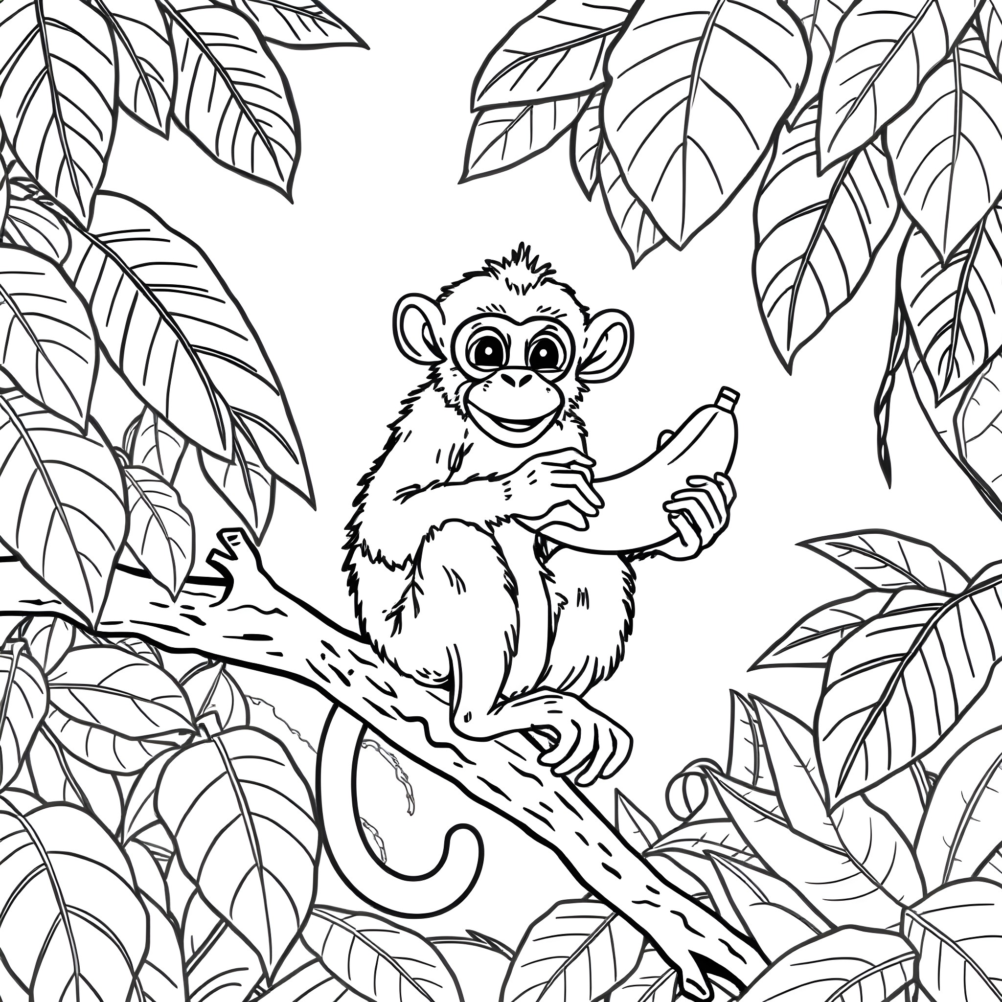 Banana monkey enjoying a snack in the jungle Coloring Page (free black-and-white line drawing printable PDF for all, from beginners to advanced learners, including children, teens, adults, and seniors)