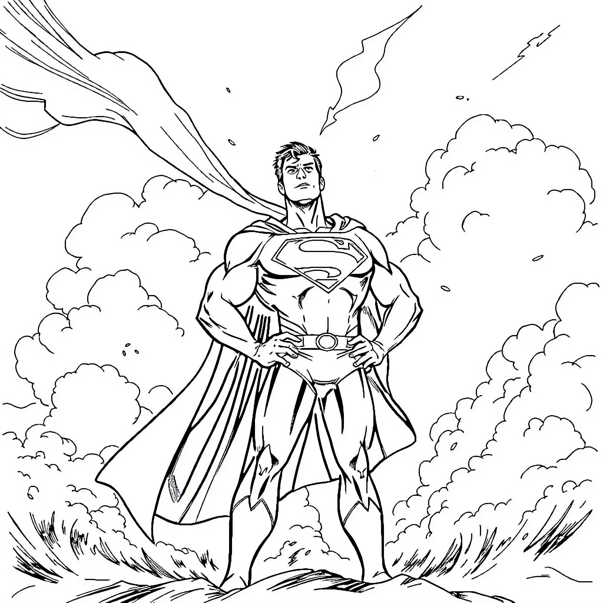 Superman taking flight through the clouds Coloring Page (free black-and-white line drawing printable PDF for all, from beginners to advanced learners, including children, teens, adults, and seniors)