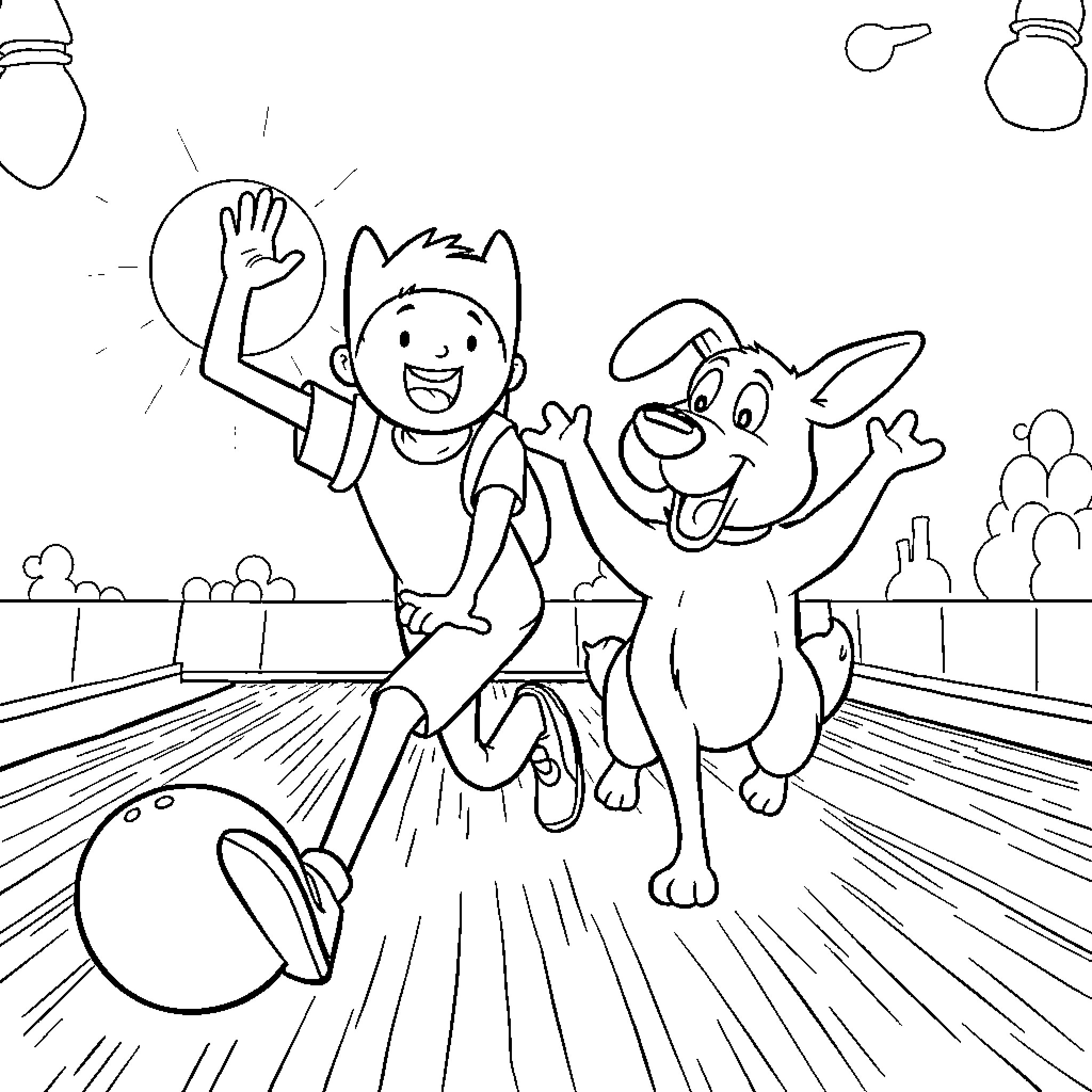 Finn and his dog celebrating on the bowling alley Coloring Page (free black-and-white line drawing printable PDF for all, from beginners to advanced learners, including children, teens, adults, and seniors)