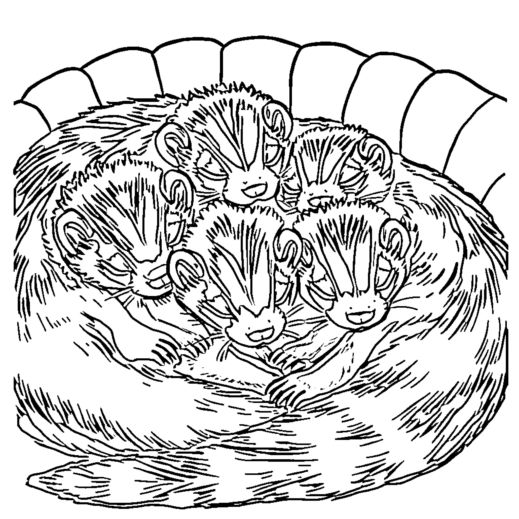 Ferret family cuddling in their cozy nest Coloring Page (free black-and-white line drawing printable PDF for all, from beginners to advanced learners, including children, teens, adults, and seniors)
