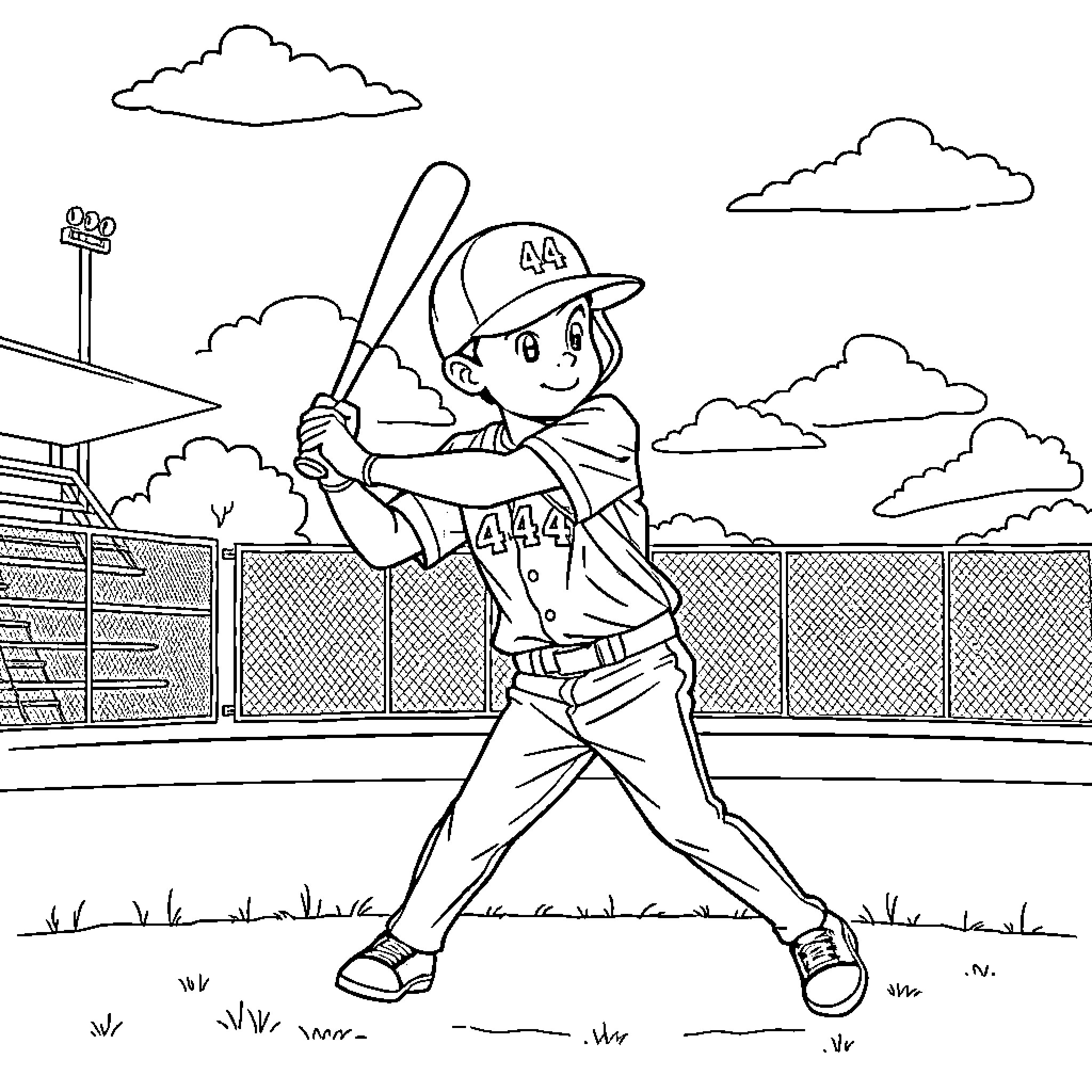 Boy in baseball uniform batting on the field Coloring Page (free black-and-white line drawing printable PDF for all, from beginners to advanced learners, including children, teens, adults, and seniors)
