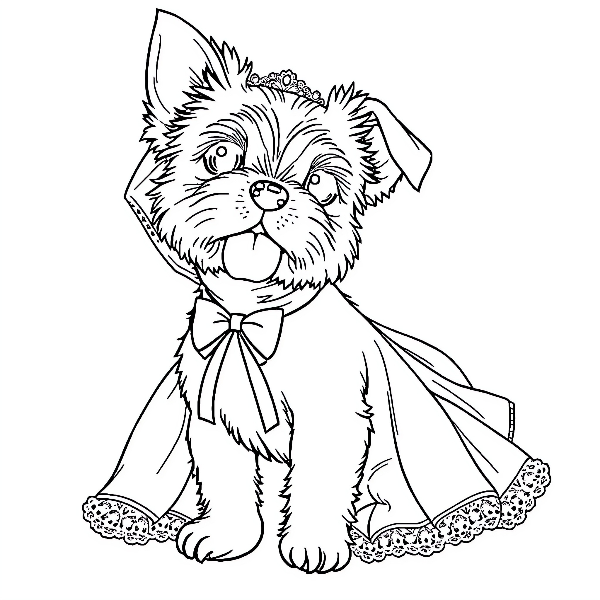 Dog with a Bow Tie and Lace Trim Coloring Page (free black-and-white line drawing printable PDF for all, from beginners to advanced learners, including children, teens, adults, and seniors)