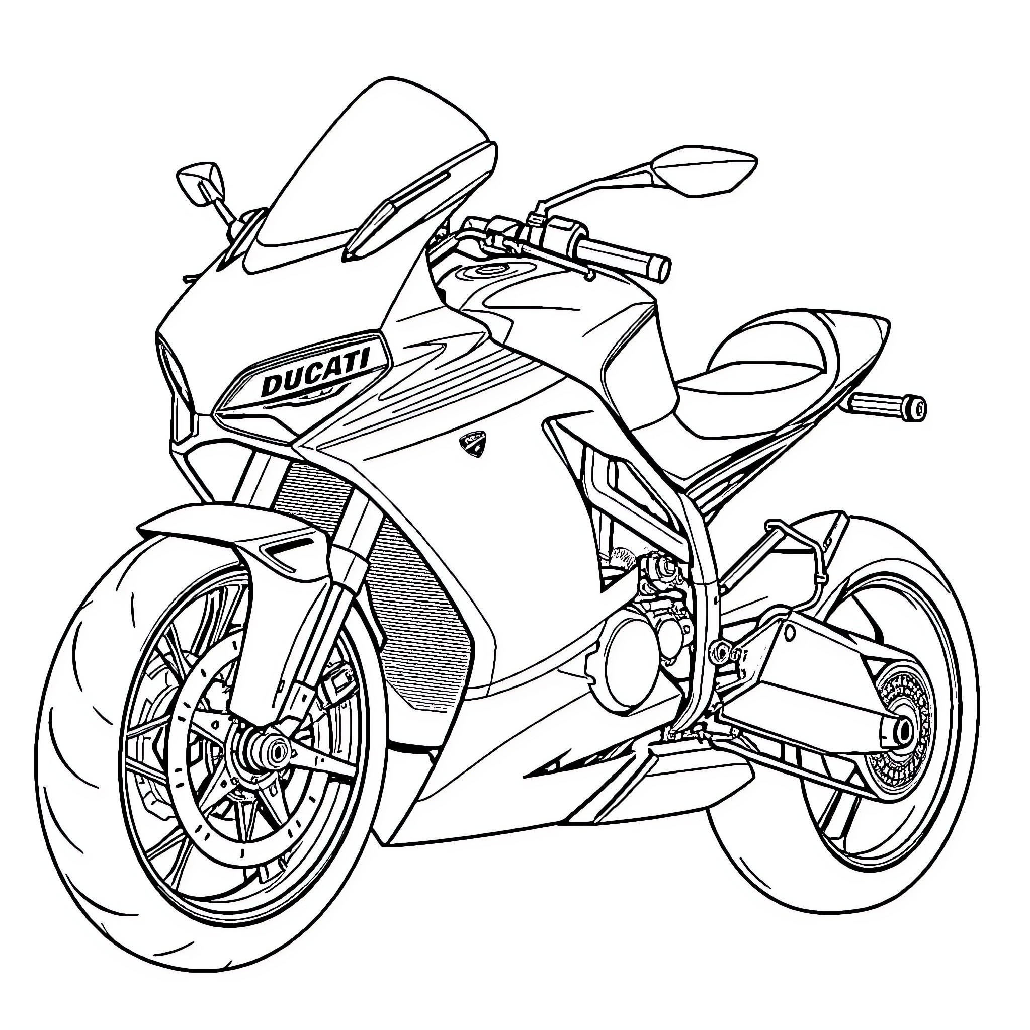 Ducati Motorcycle in Motion Coloring Page (free black-and-white line drawing printable PDF for all, from beginners to advanced learners, including children, teens, adults, and seniors)