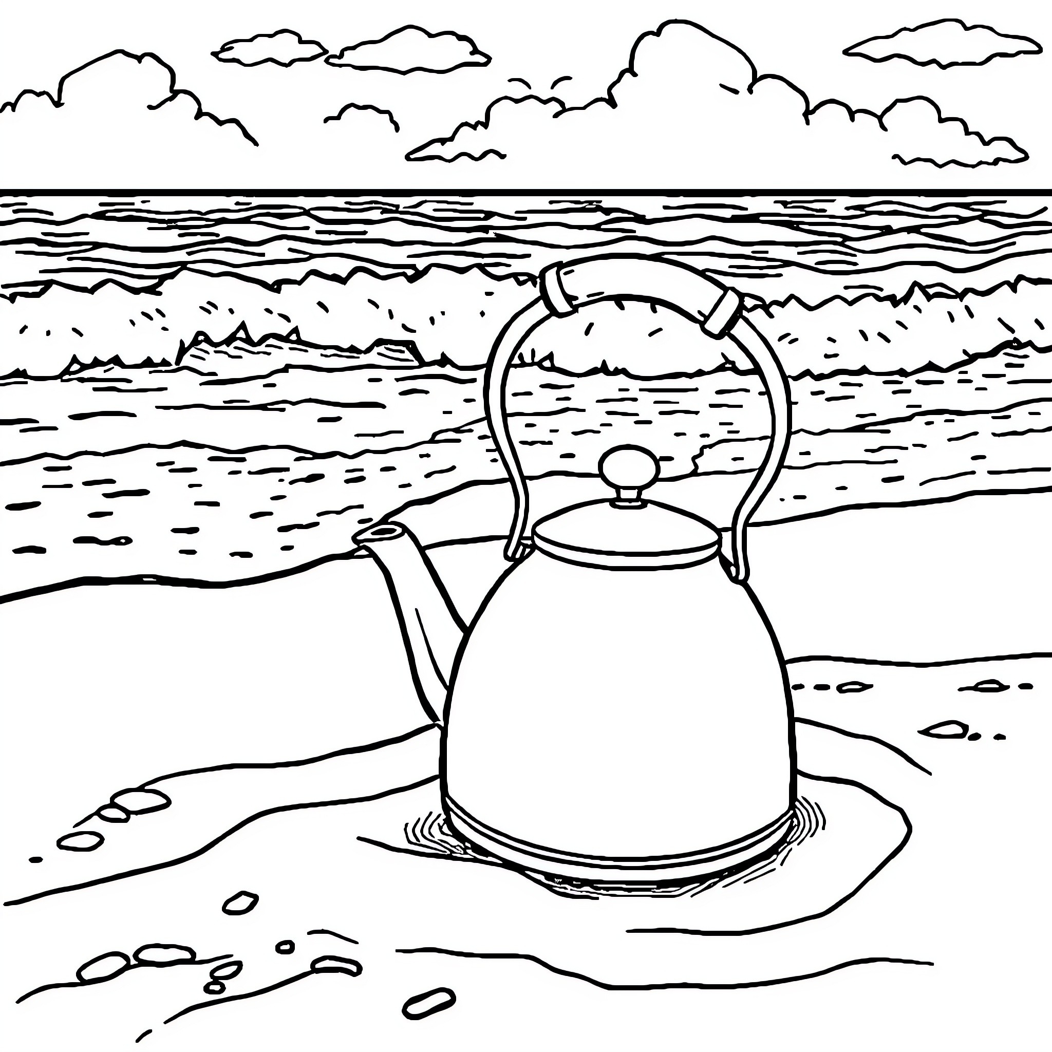 Kettle by the Serene Ocean Coloring Page (free black-and-white line drawing printable PDF for all, from beginners to advanced learners, including children, teens, adults, and seniors)