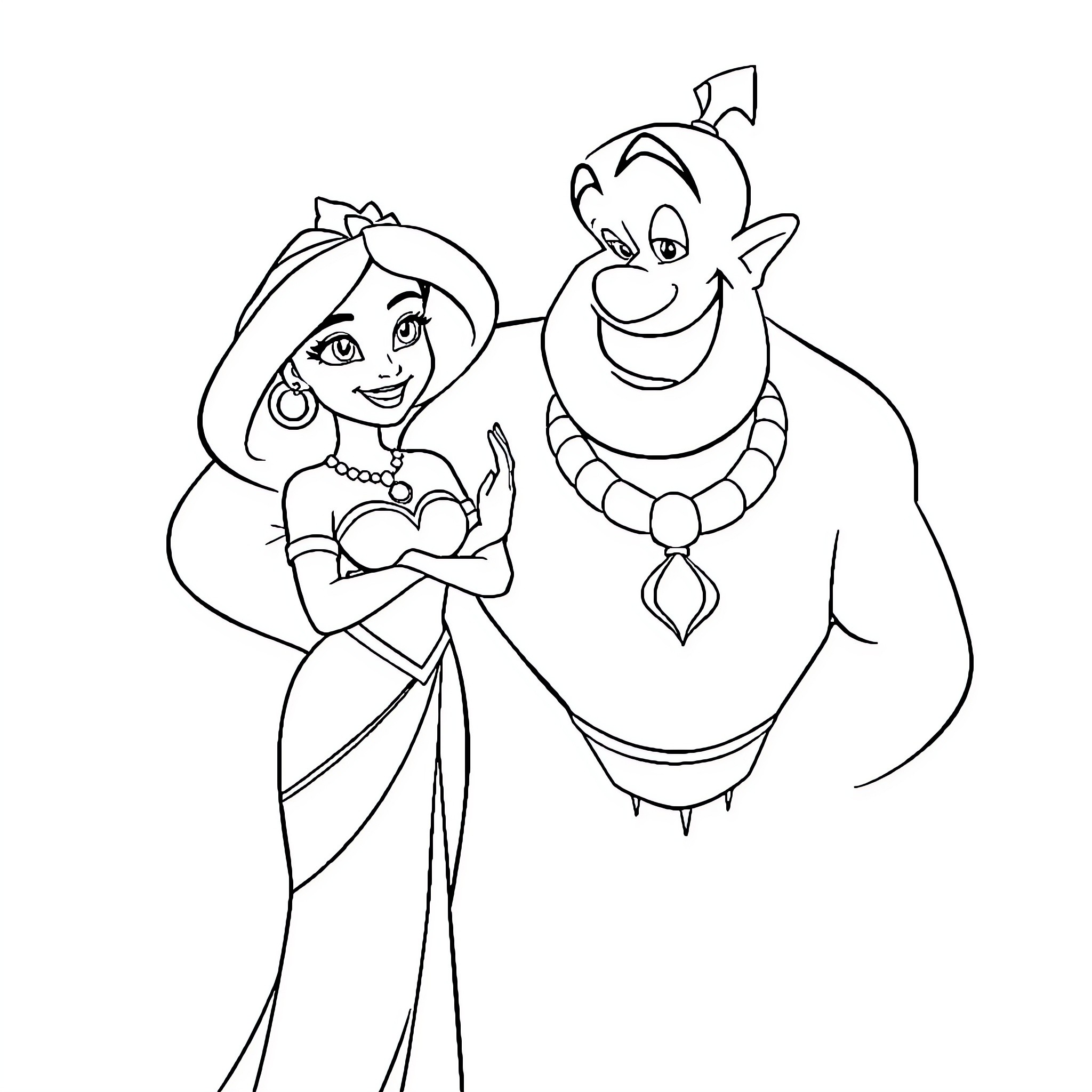 Princess and Friendly Genie in Magical Scene Coloring Page (free black-and-white line drawing printable PDF for all, from beginners to advanced learners, including children, teens, adults, and seniors)