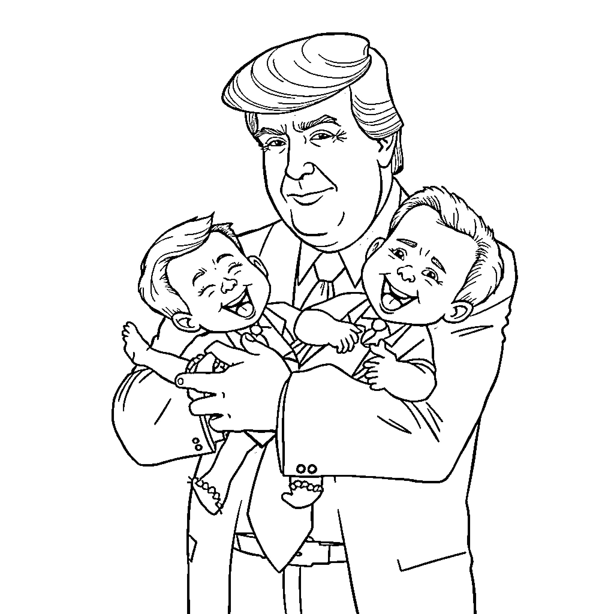 Donald Trump posing with happy children in formal attire Coloring Page (free black-and-white line drawing printable PDF for all, from beginners to advanced learners, including children, teens, adults, and seniors)