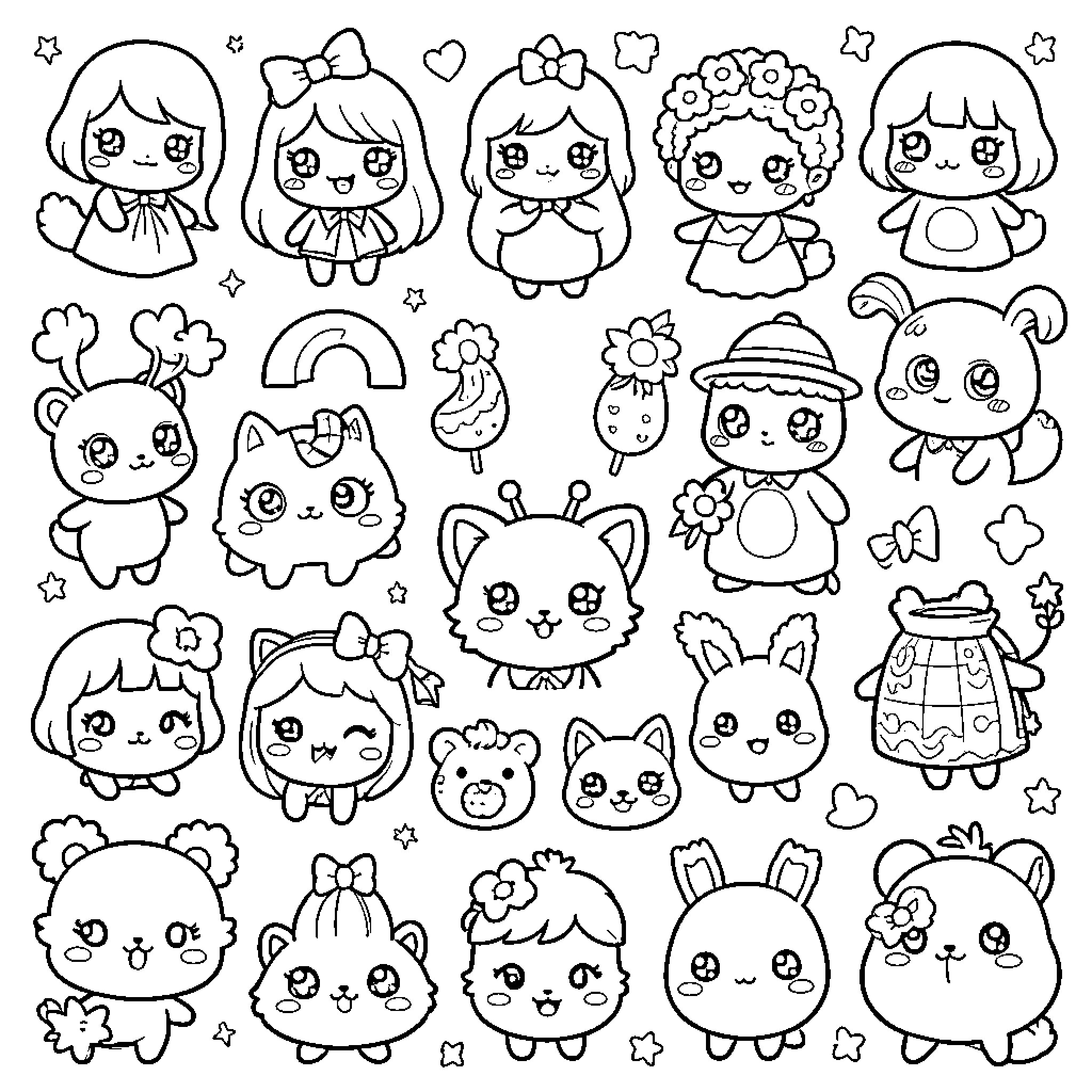 Kawaii characters showing diverse happy expressions and cute outfits Coloring Page (free black-and-white line drawing printable PDF for all, from beginners to advanced learners, including children, teens, adults, and seniors)